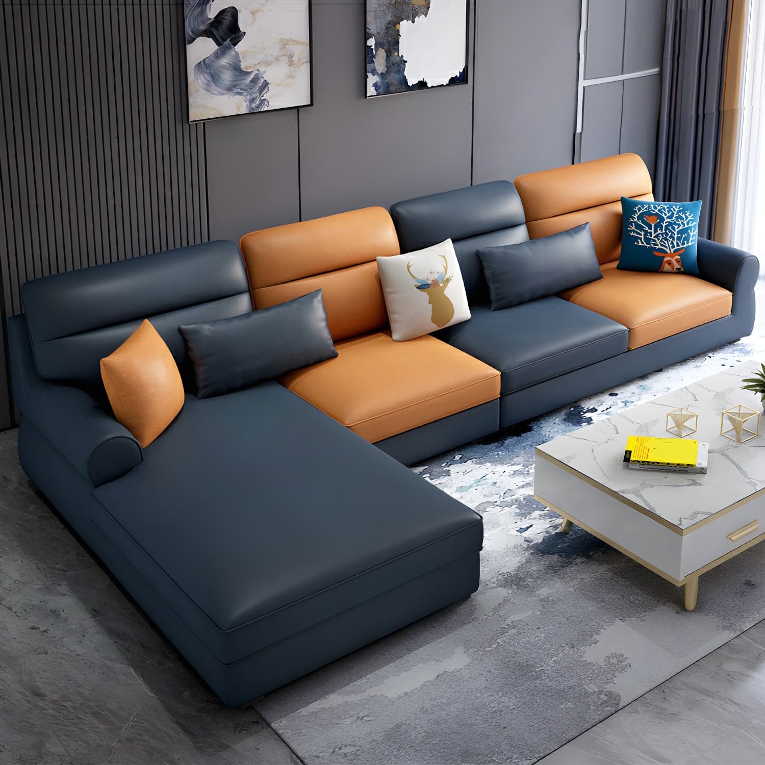 Large Modern L-Shape Stationary Wood Sectional Sofa with Round Arm and Cushion Back thumbnail 3