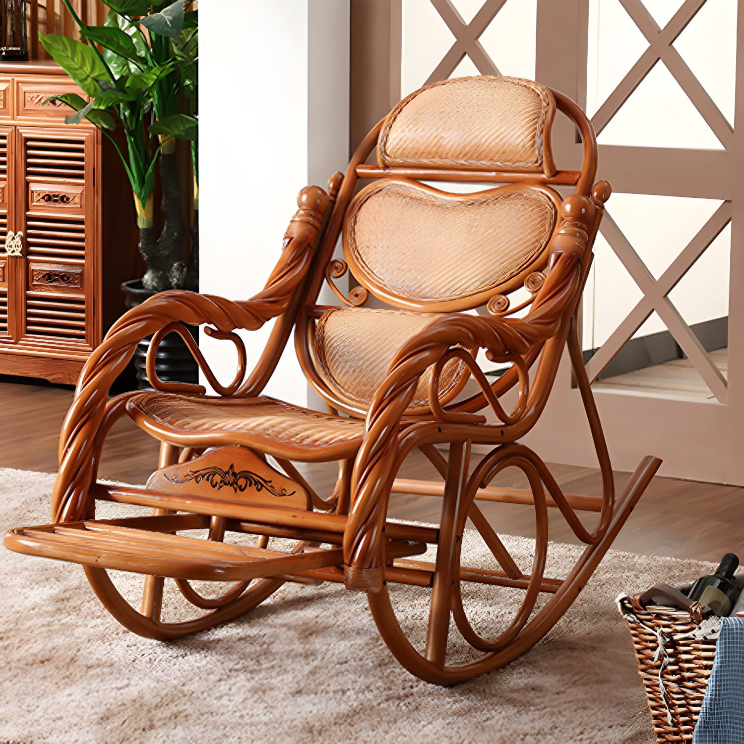 Traditional Spindle Rocking Accent Chair Tobacco Finish Rocker Chair Reclining thumbnail 10