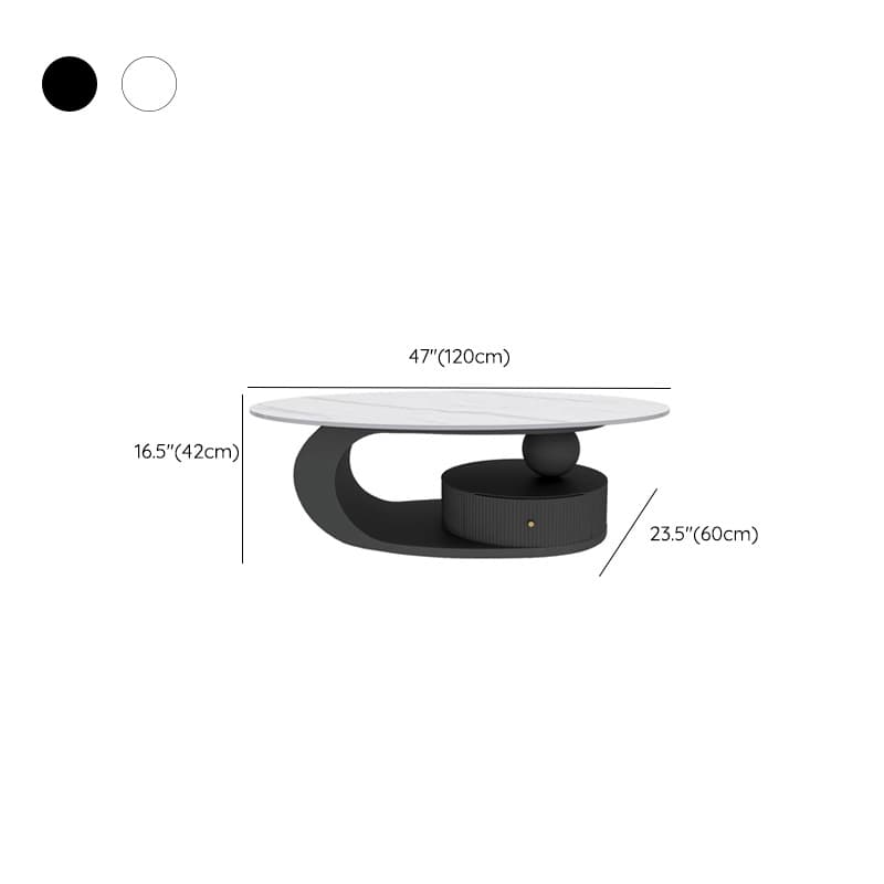 Oval White Stone Modern Coffee Table with Metal Abstract Base thumbnail 16