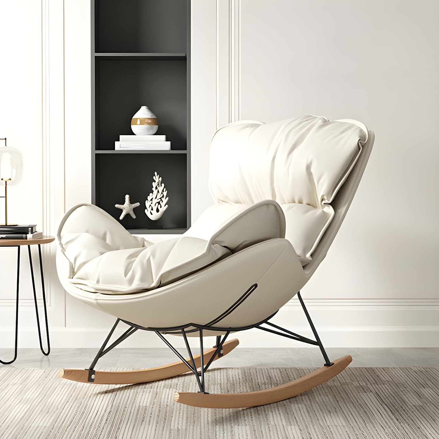 Stylish and Modern Upholstered Rocking Chair with Natural Wood Legs thumbnail 10