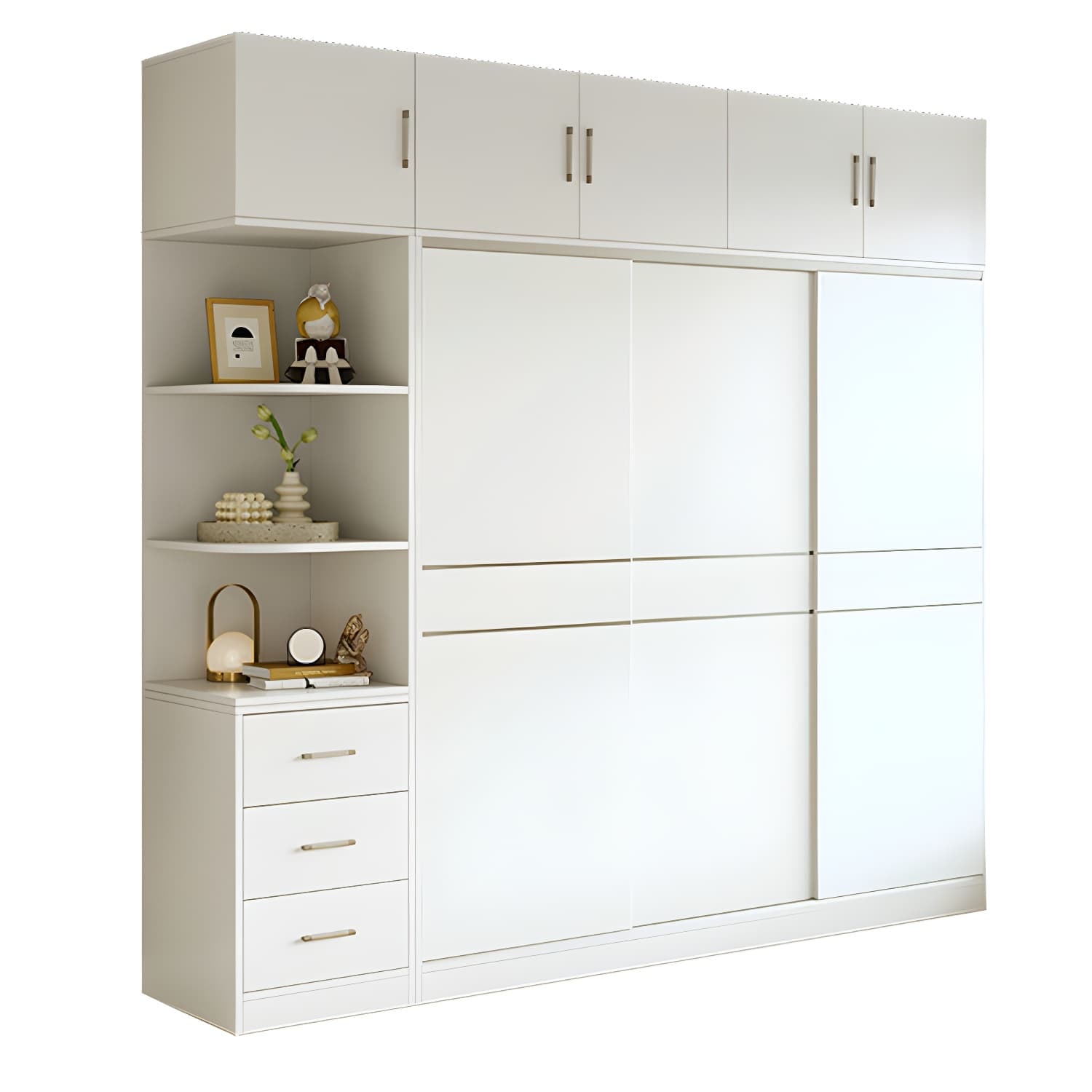 Modern White Wood Wardrobe Armoire with Sliding Doors, Shelves, and Soft Close Drawers thumbnail 5