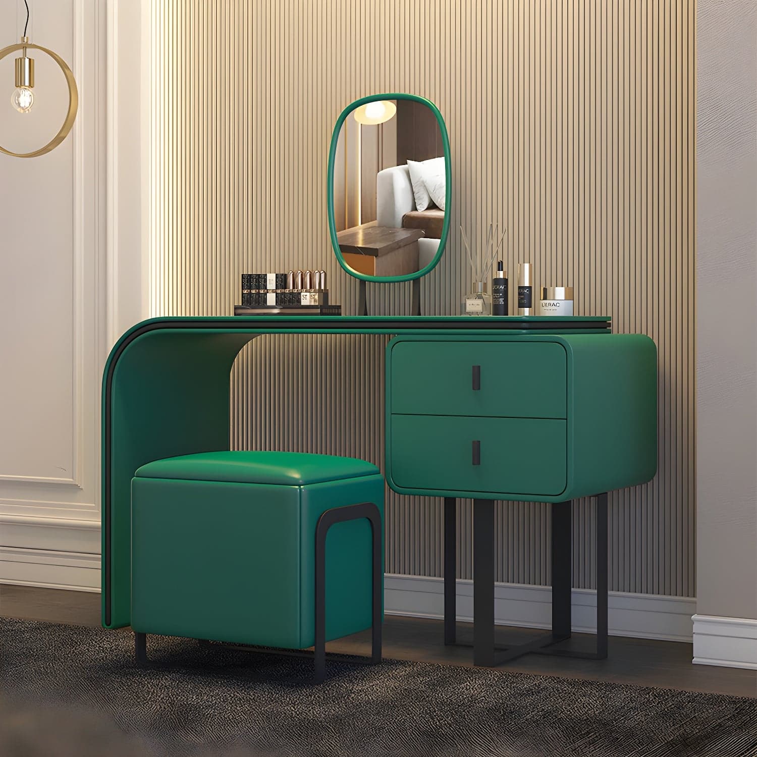 Glam Vanity Set With Drawer Leather Mirror Bedroom Make-up Vanity thumbnail 1