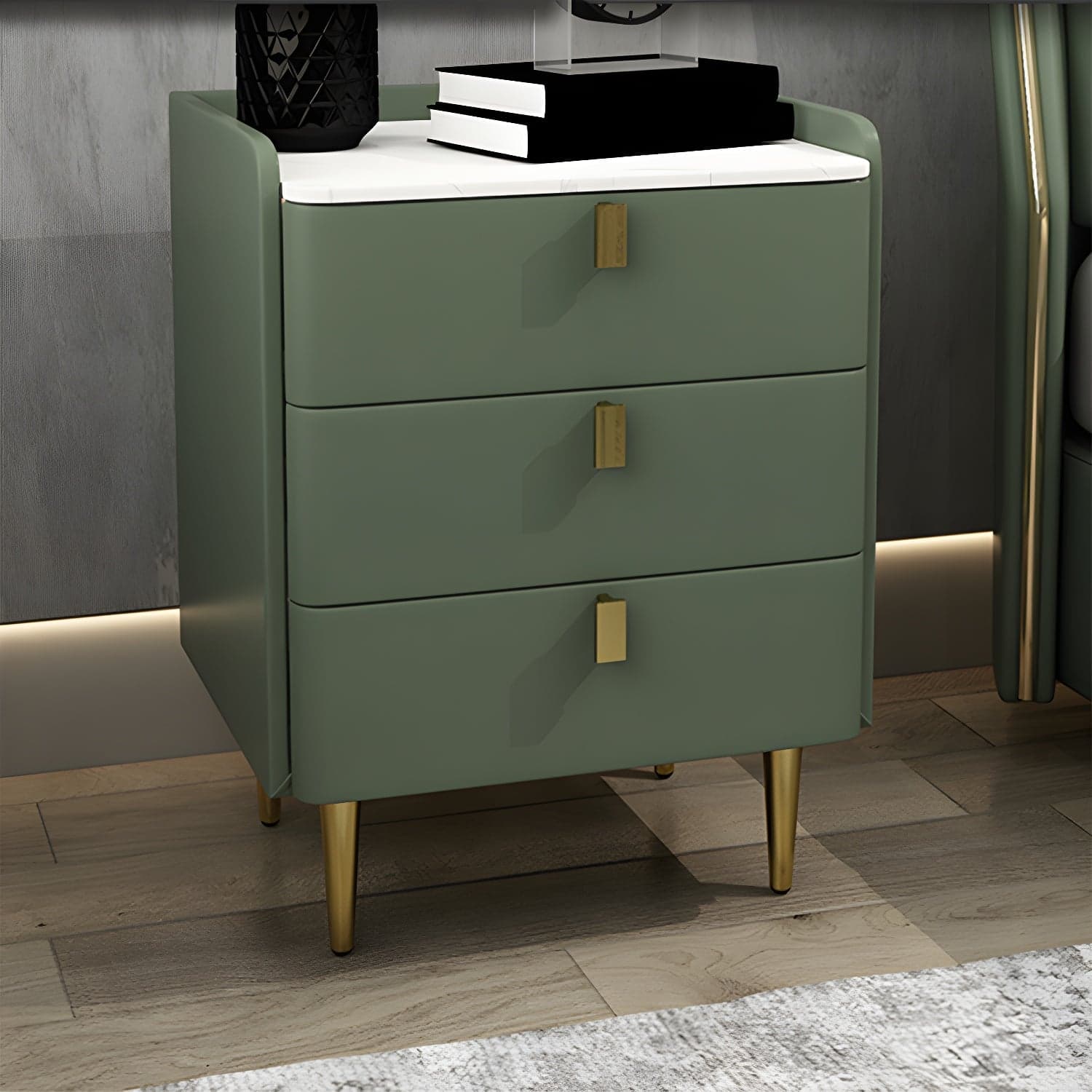 Faux Leather Nightstand Modern 3 - Drawer Nightstand with Stone Top thumbnail 1
