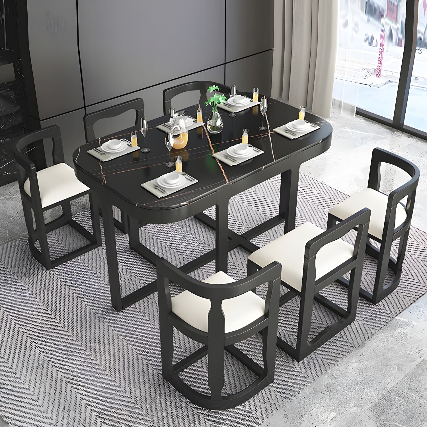 7-Piece Modern Wood Dining Set with Trestle Base and Upholstered Chairs in White - Seats 6 thumbnail 1