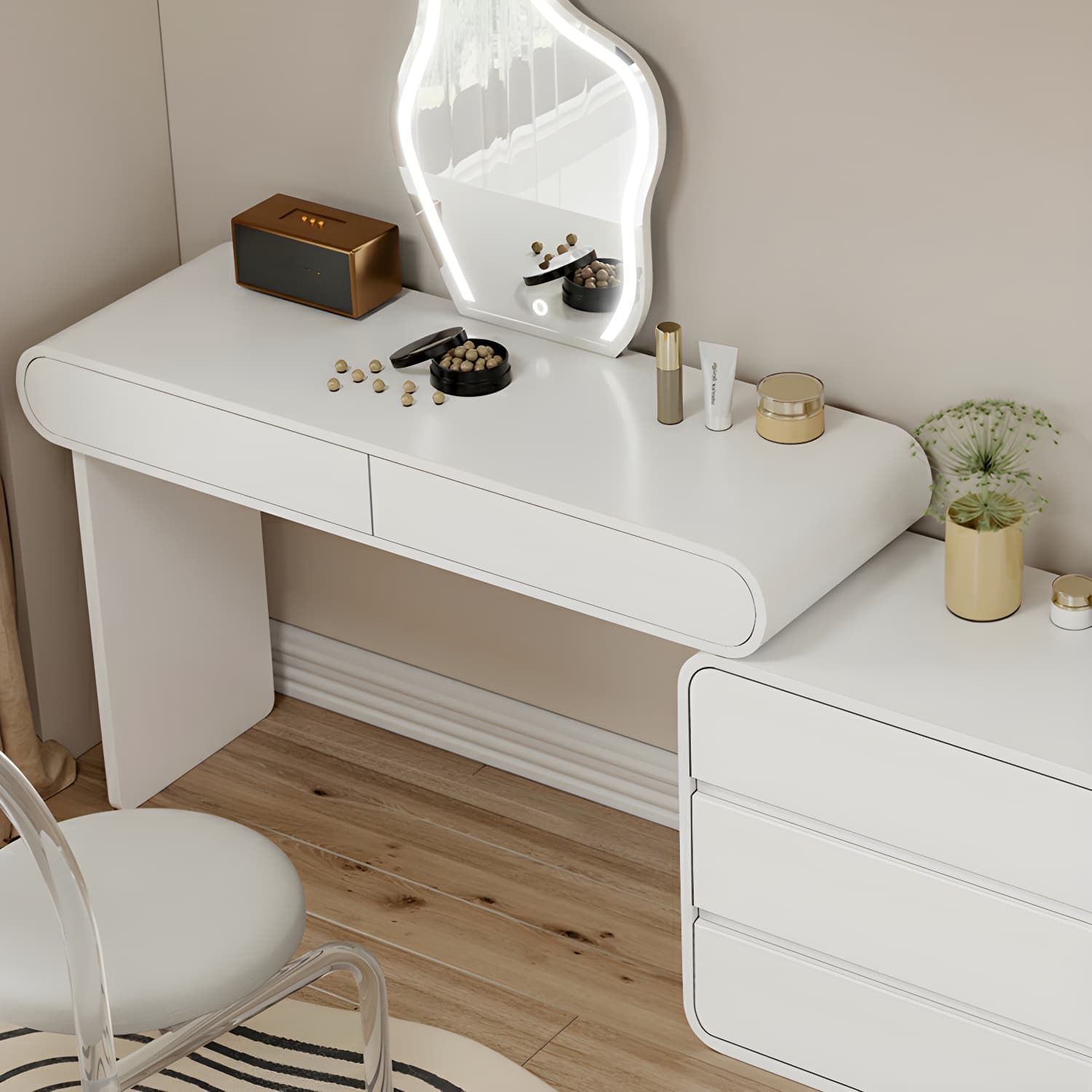 Modern White Wooden Makeup Vanity With Soft Close Drawers & Easy Assembly, Standard Width thumbnail 9