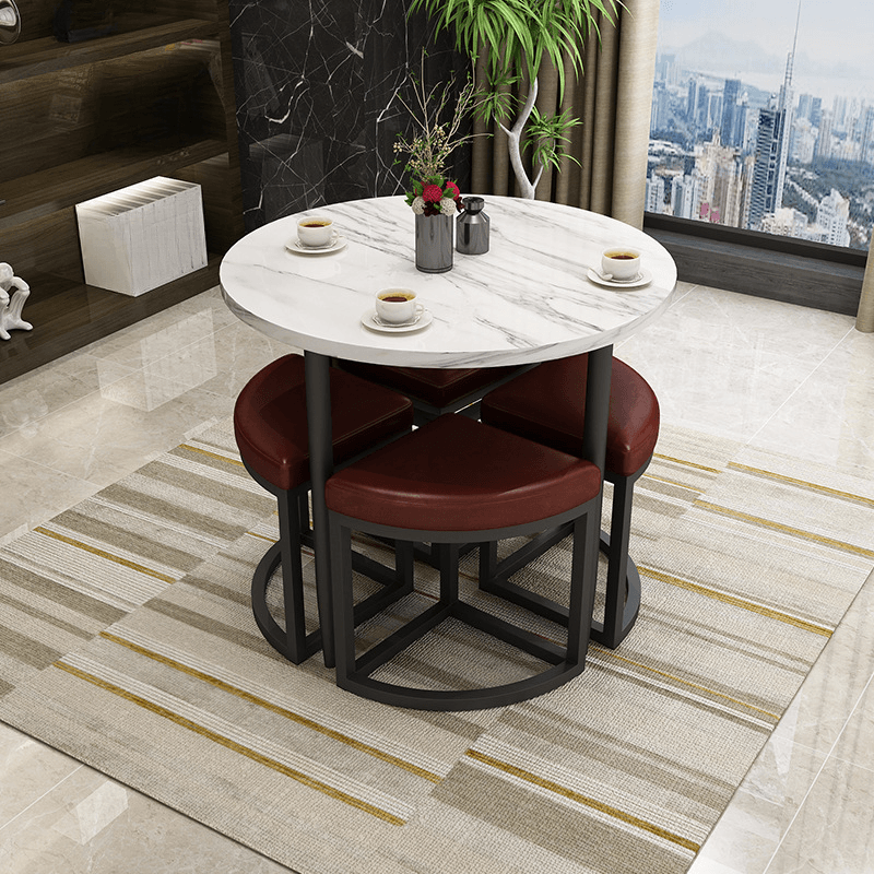 Reclaimed Wood Round Dining Table Set with Metal Toboggan Base and Upholstered Backless Chairs for 4 People thumbnail 31