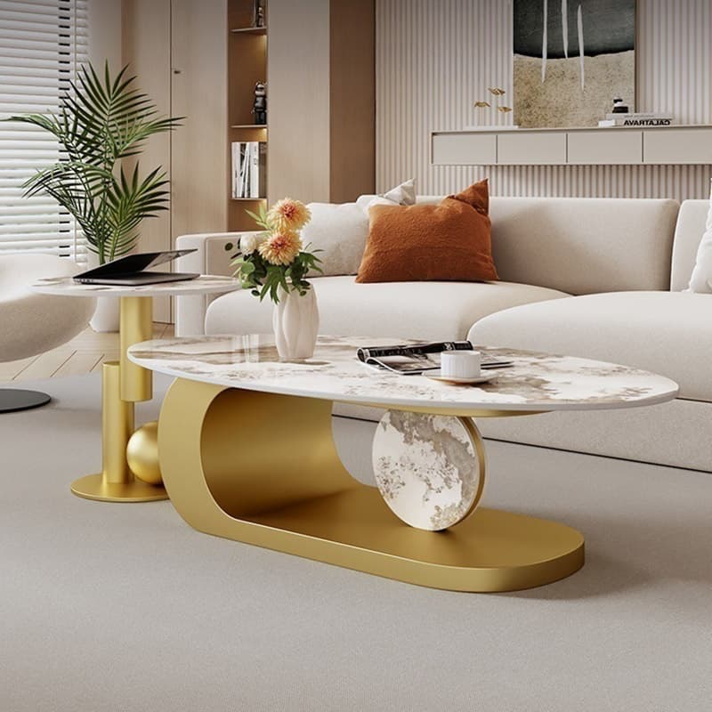 Elegant Stone Oval Coffee Table with Iron Block Base for Living Room thumbnail 5