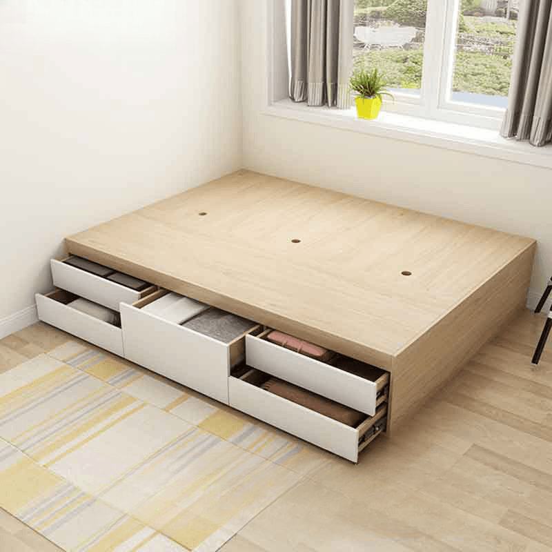 Wood Color Platform Storage Bed with Timber Bed Panel in a Modern Simple Style thumbnail 5