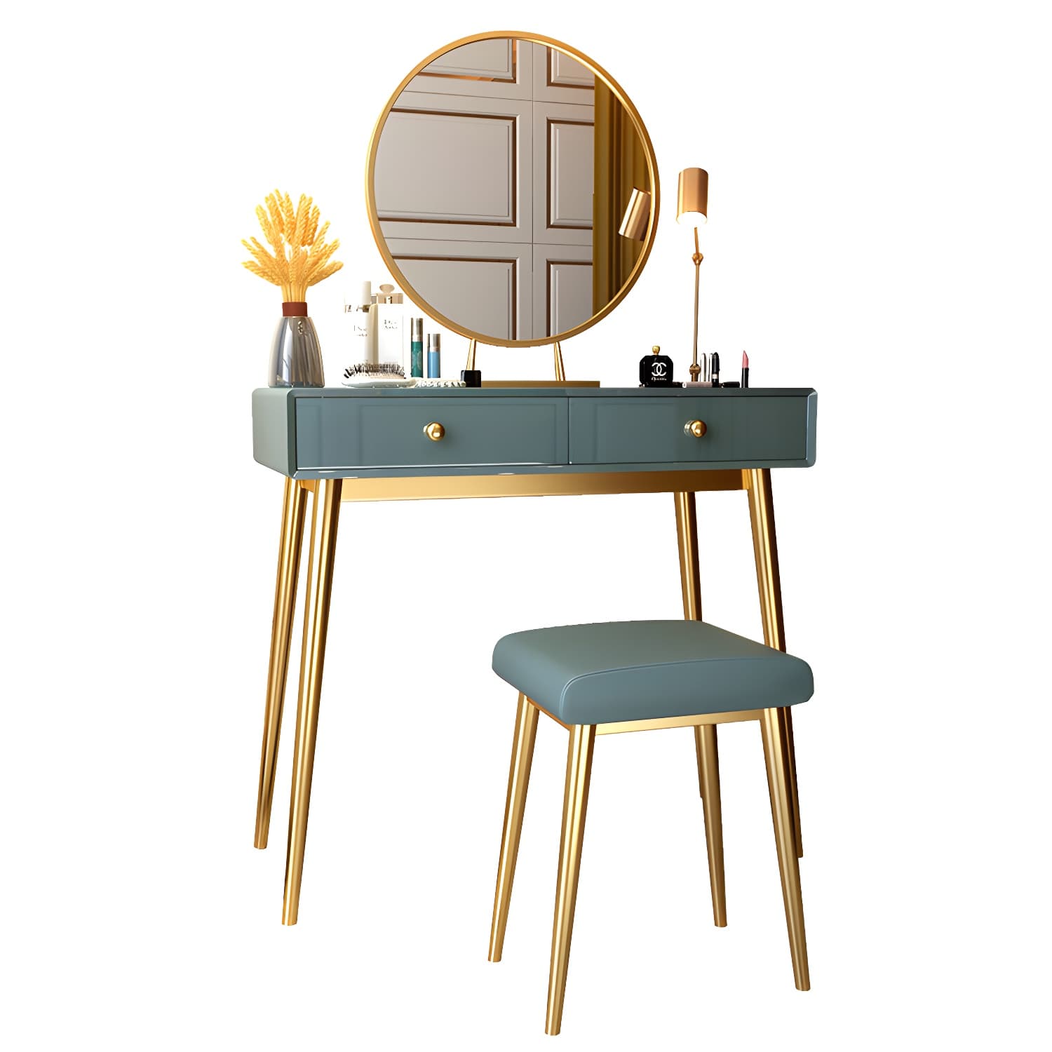 Glam 29.5" Height Wooden Makeup Vanity with Drawers and Mirror thumbnail 8