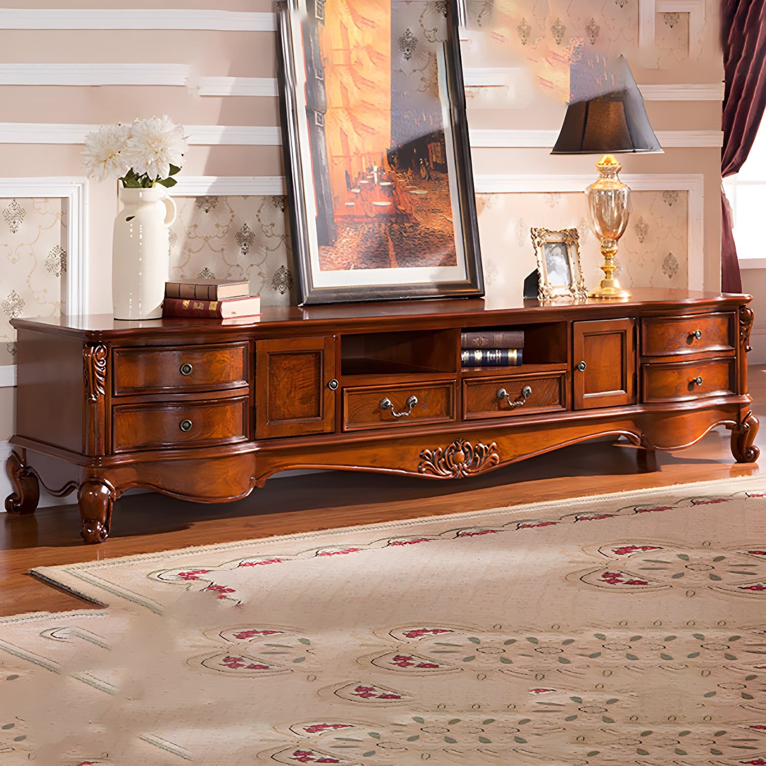 Solid Wood TV Console Traditional Enclosed TV Cabinet with Glide Drawers thumbnail 3