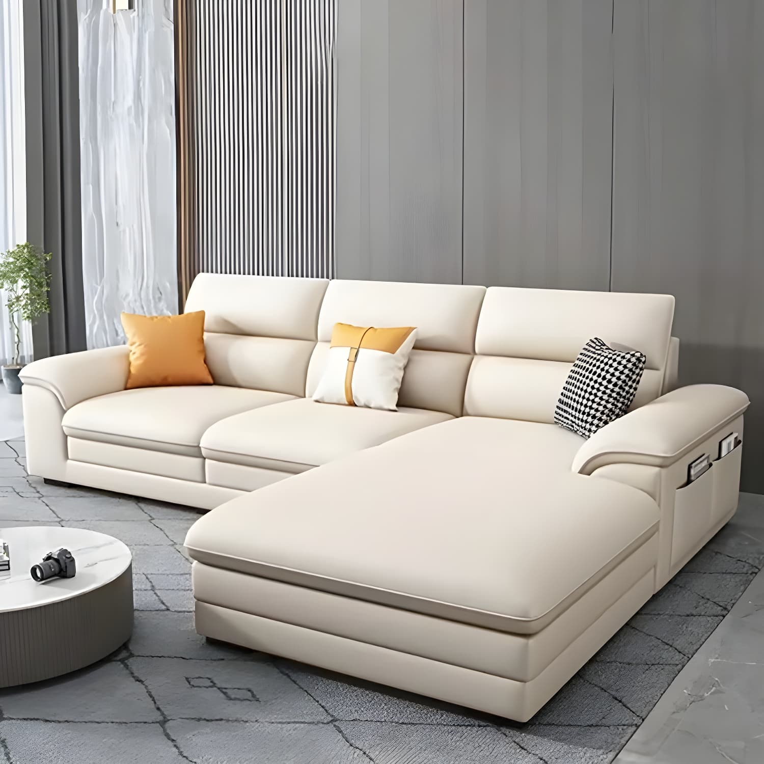Modern Beige Stationary Sectional Sofa in Scratching Cloth with Wood Frame and Pillow Top Arms thumbnail 14