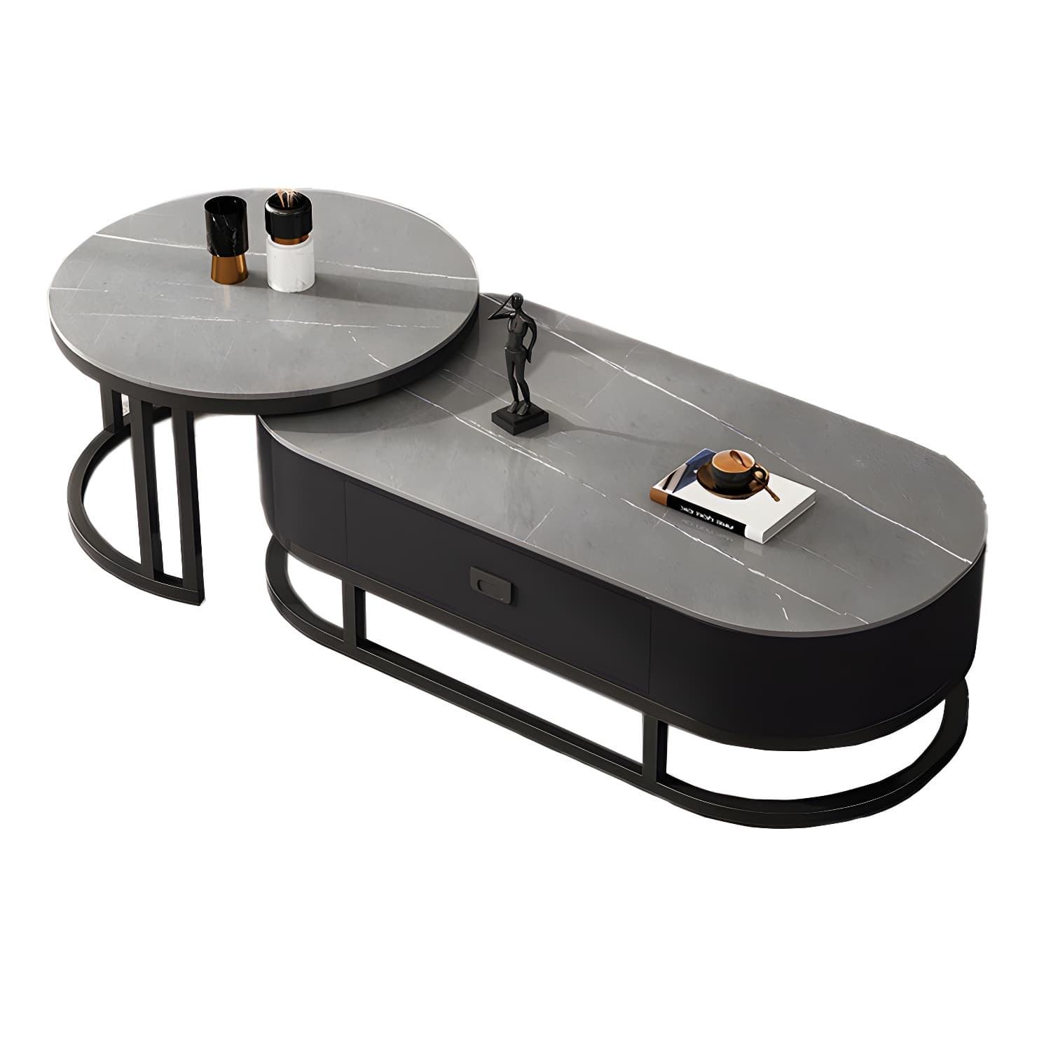 Slate Coffee Table Oval Nesting Coffee Table Set with Metal Legs thumbnail 10