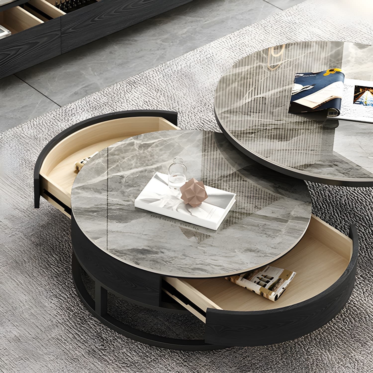 Set of 2 Round Stone Top Modern Nesting Tables with Black Metal Frames and Drawers Included thumbnail 12