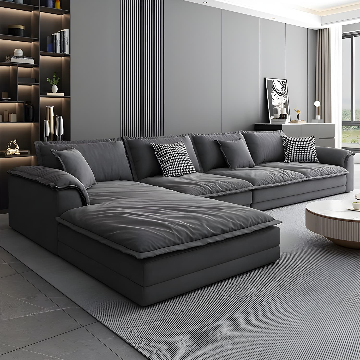 Modern Gray Abrasive Cloth Upholstered Stationary Sectional Sofa with Wood Frame thumbnail 1