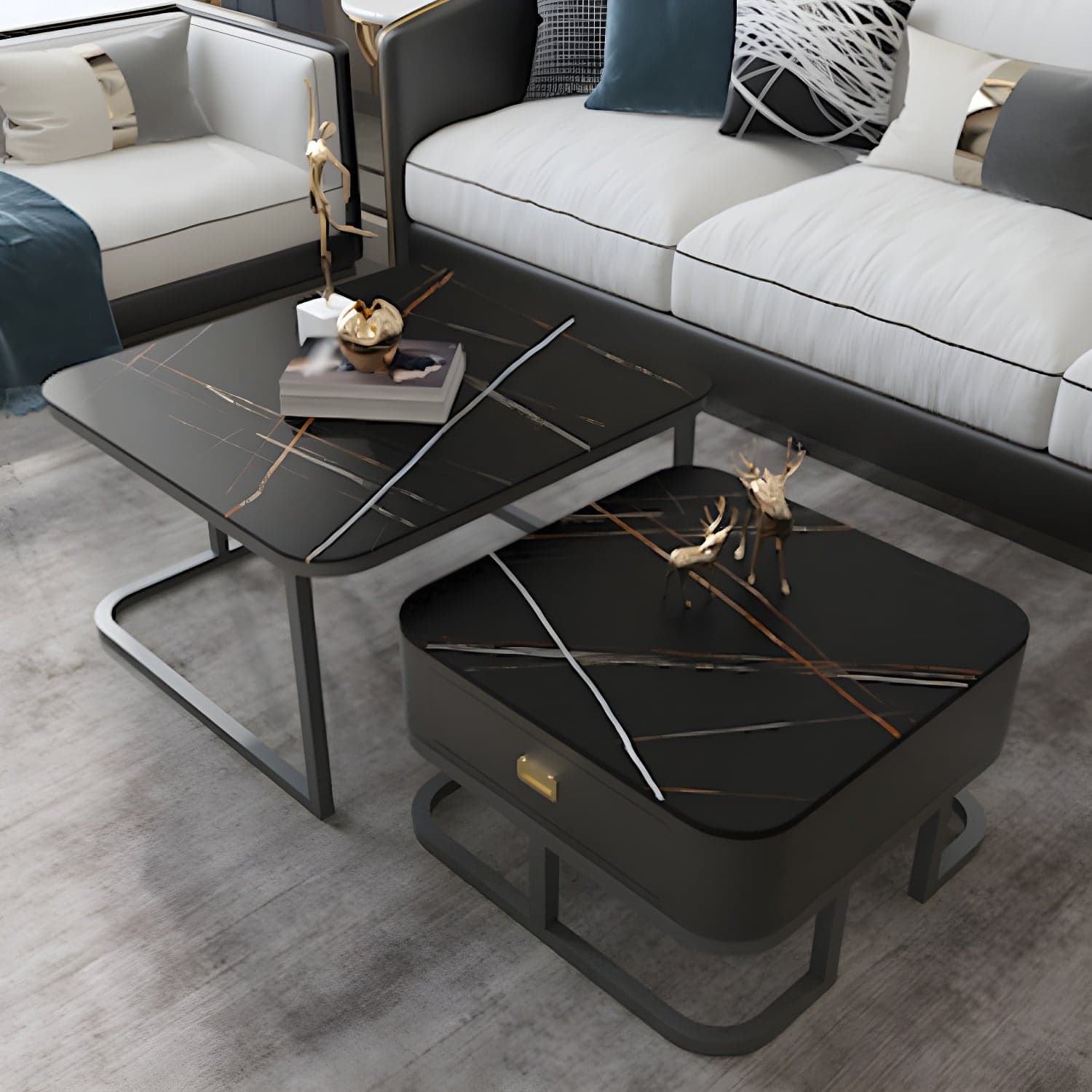 Round Slate/ Glass Coffee Table Frame 2 Nesting Cocktail Table with Storage thumbnail 3