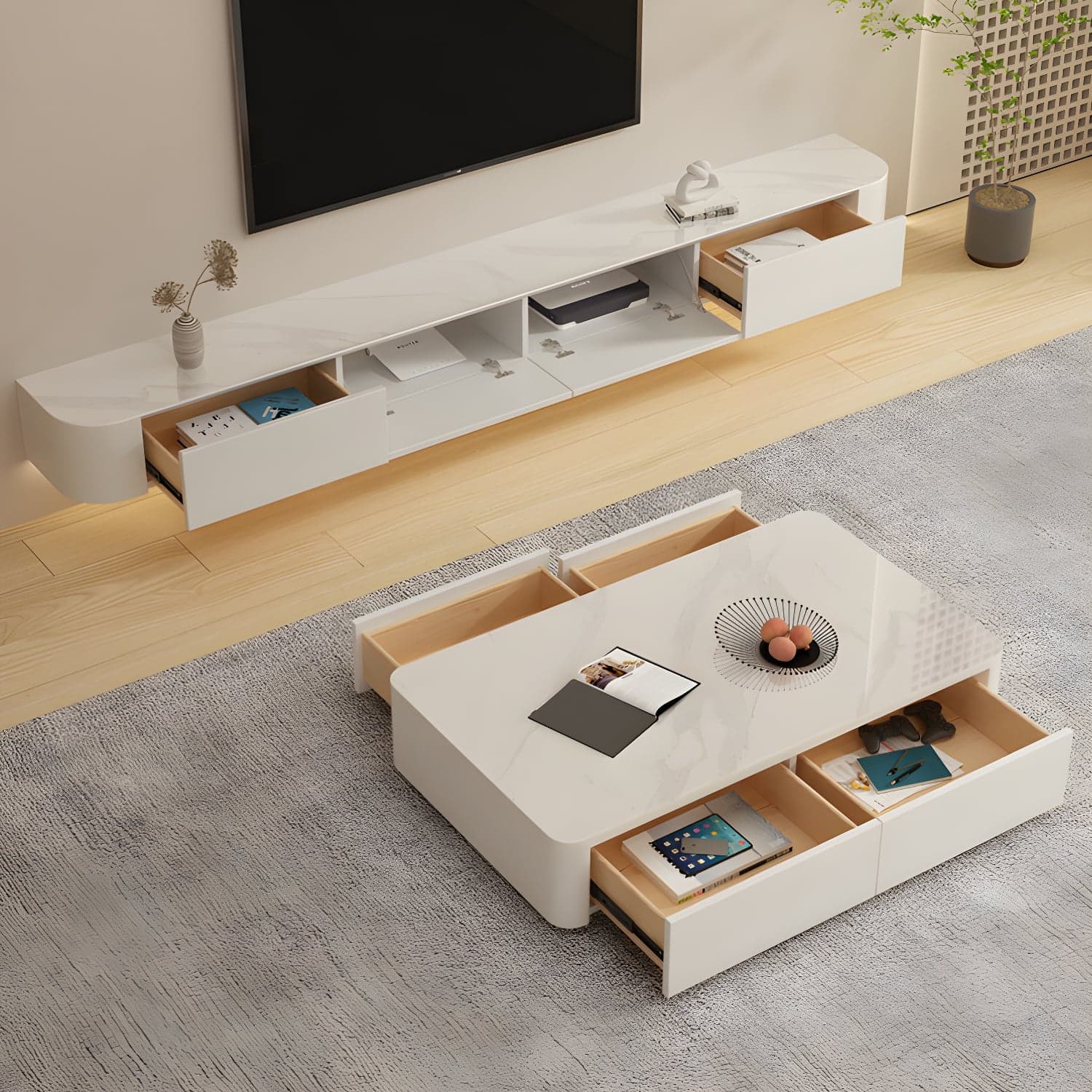 Modern White TV Media Stand Floating TV Stand Console with Drawers for Living Room thumbnail 13