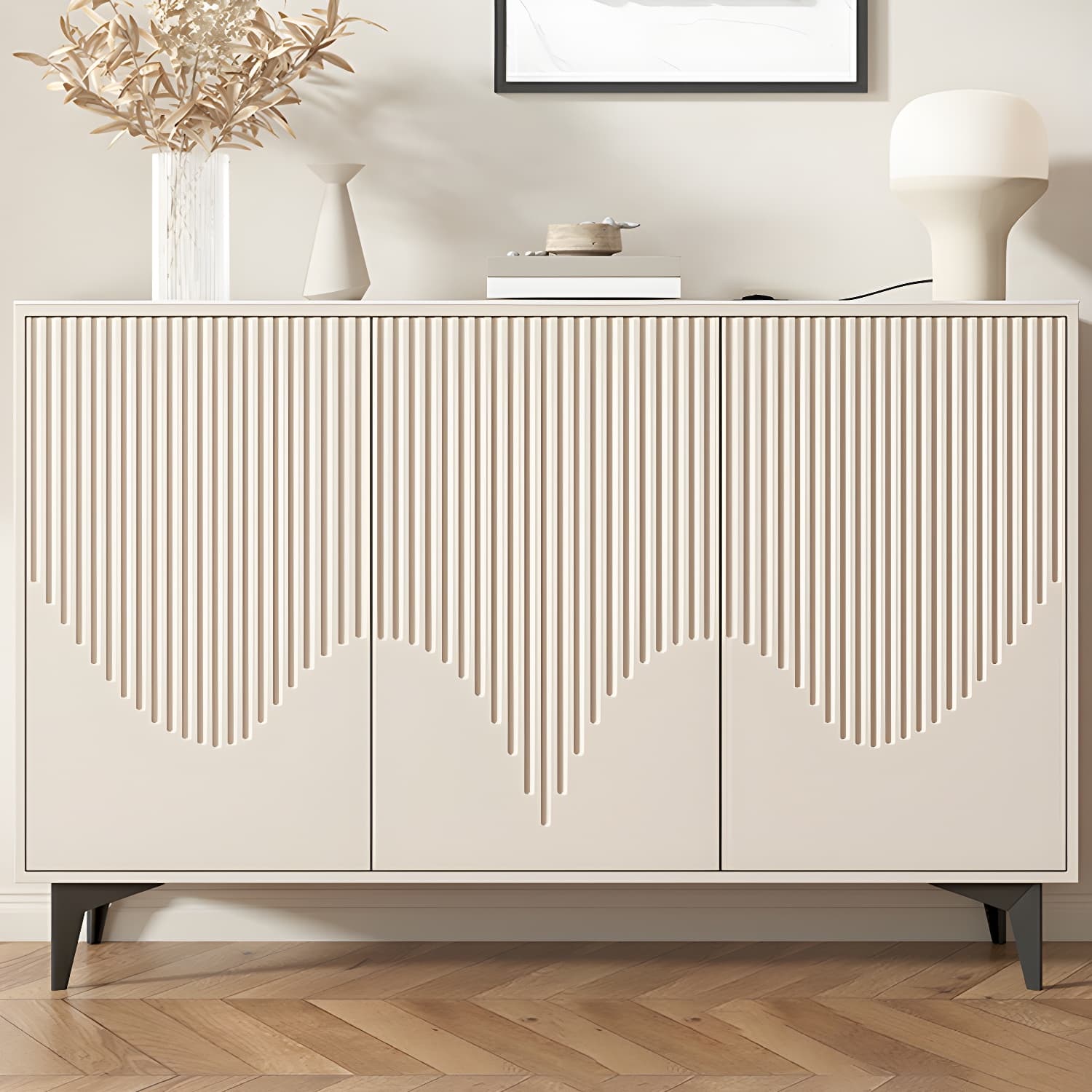 Modern White Wood Sideboard Credenza with Adjustable Shelving and 6 Interior Shelves thumbnail 13