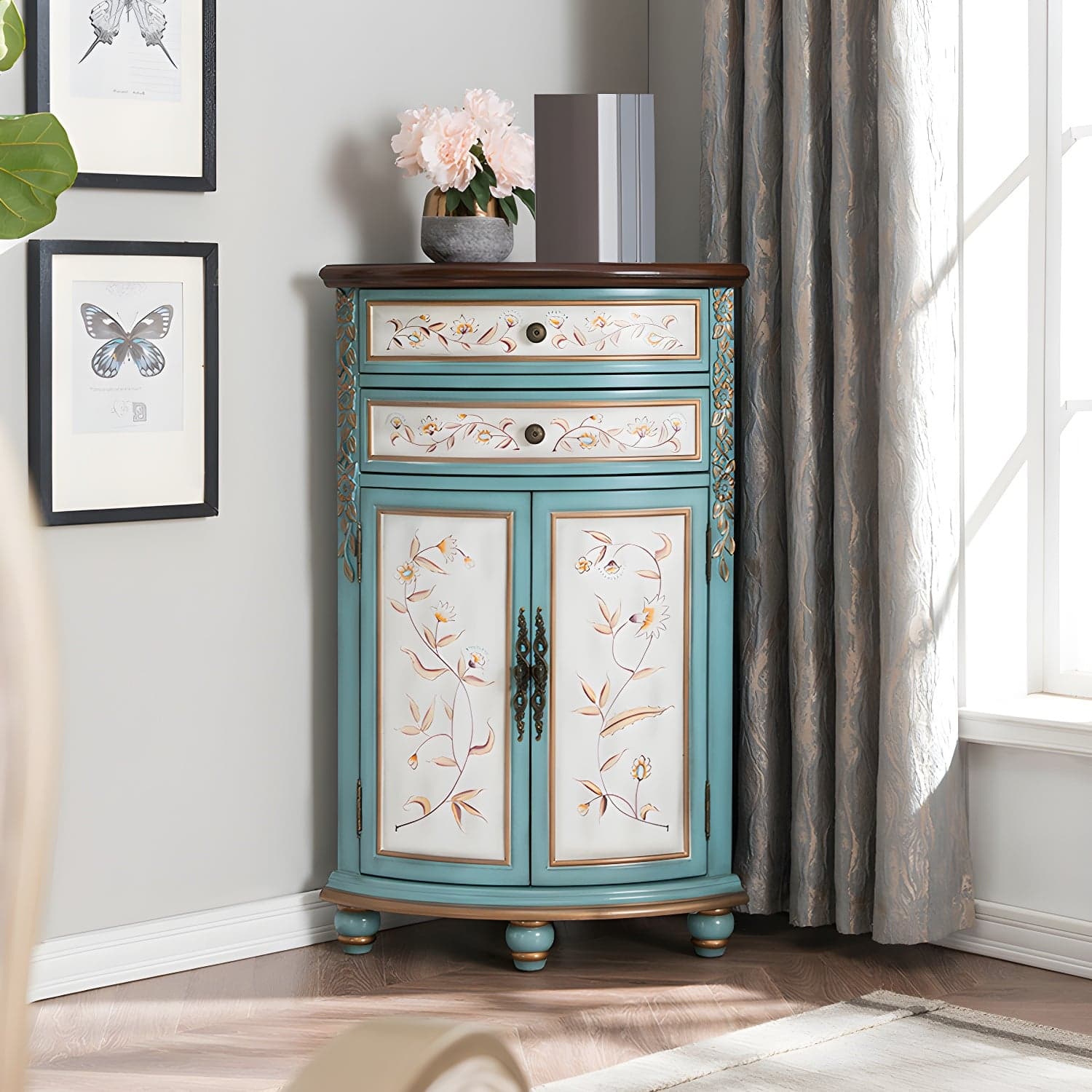 Traditional Bar Pulls Solid Wood Corner Accent Cabinet with Doors thumbnail 2