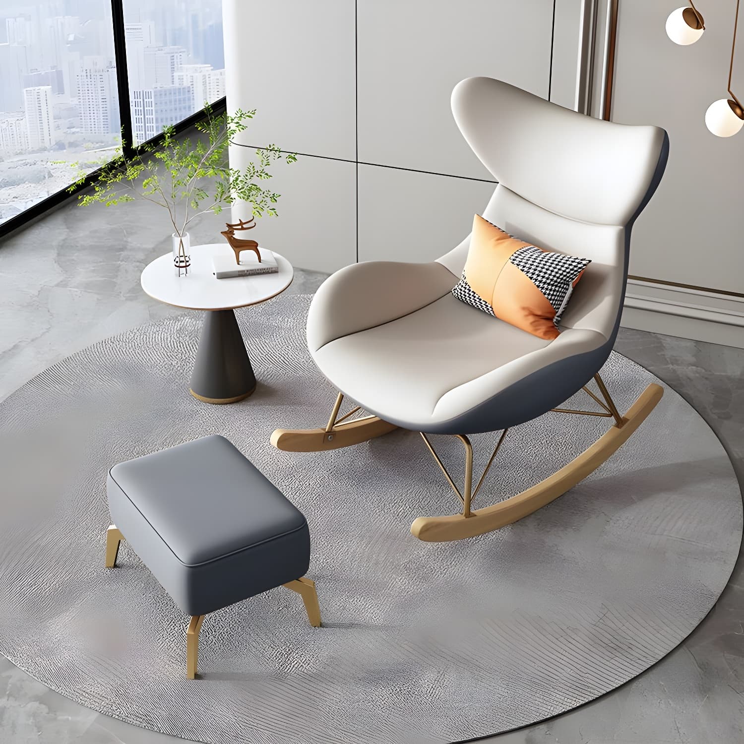 Modern Non-Scratch Armless Indoor Solid Wood Faux Leather Rocking Chair thumbnail 8