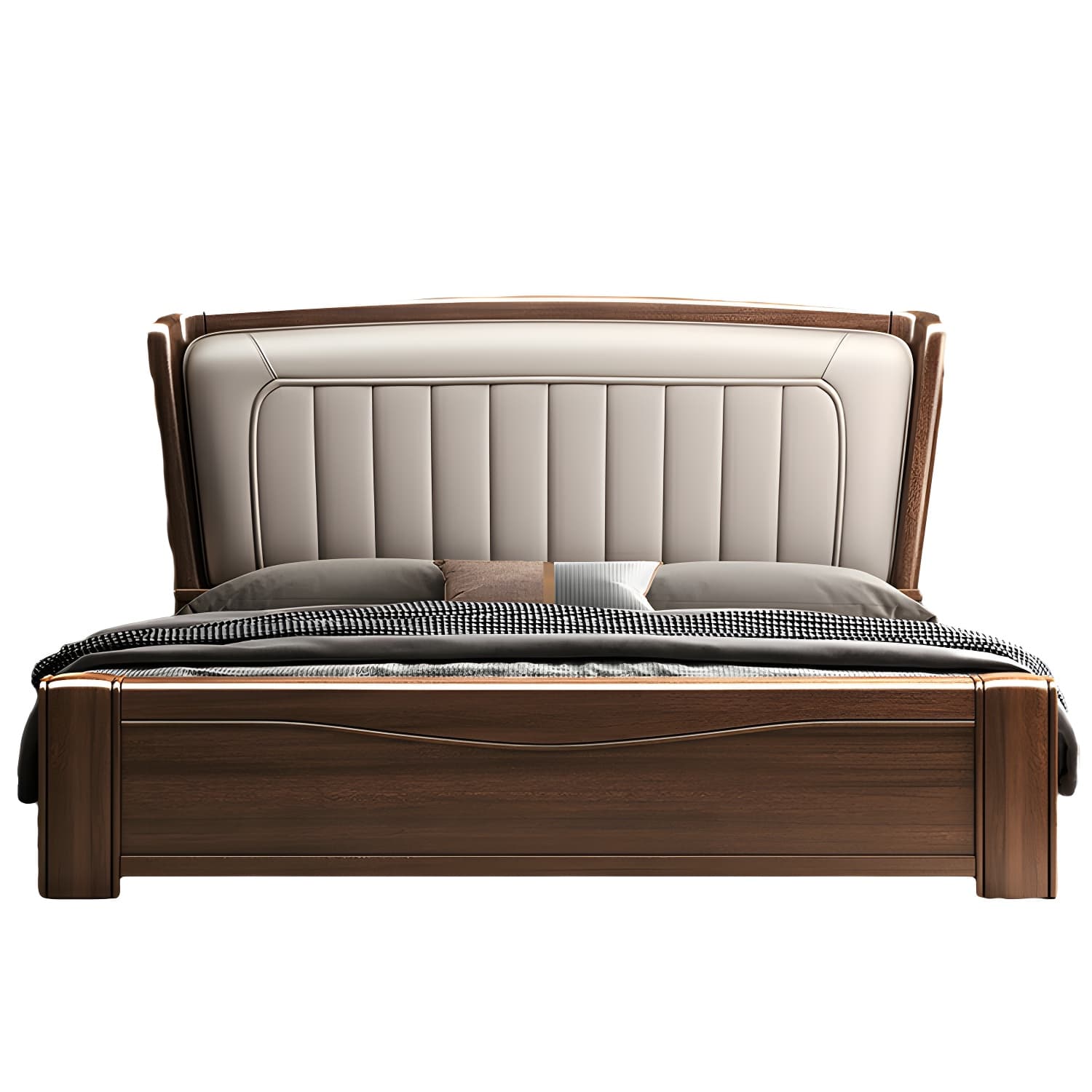 Traditional Walnut Wood Brown Bed with Rectangular Upholstered Headboard for Bedroom thumbnail 5