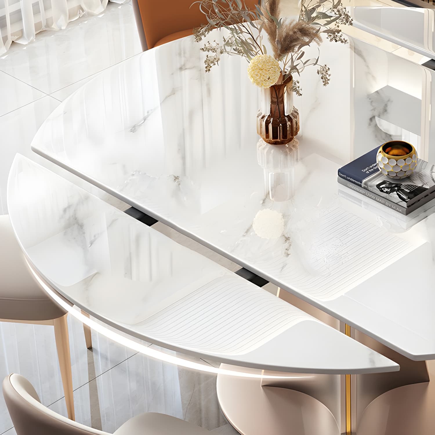 Glam Round Dining Set with Gold Pedestal Base and Self-Storing Leaf - Extension Feature thumbnail 7