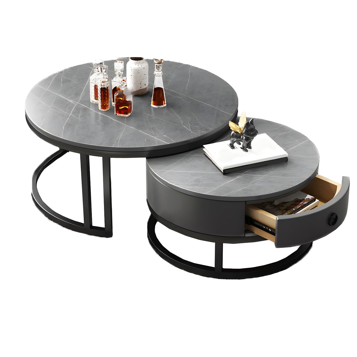 Modern Nesting Coffee Table Set Frame Round Coffee Table Set with Drawer thumbnail 17