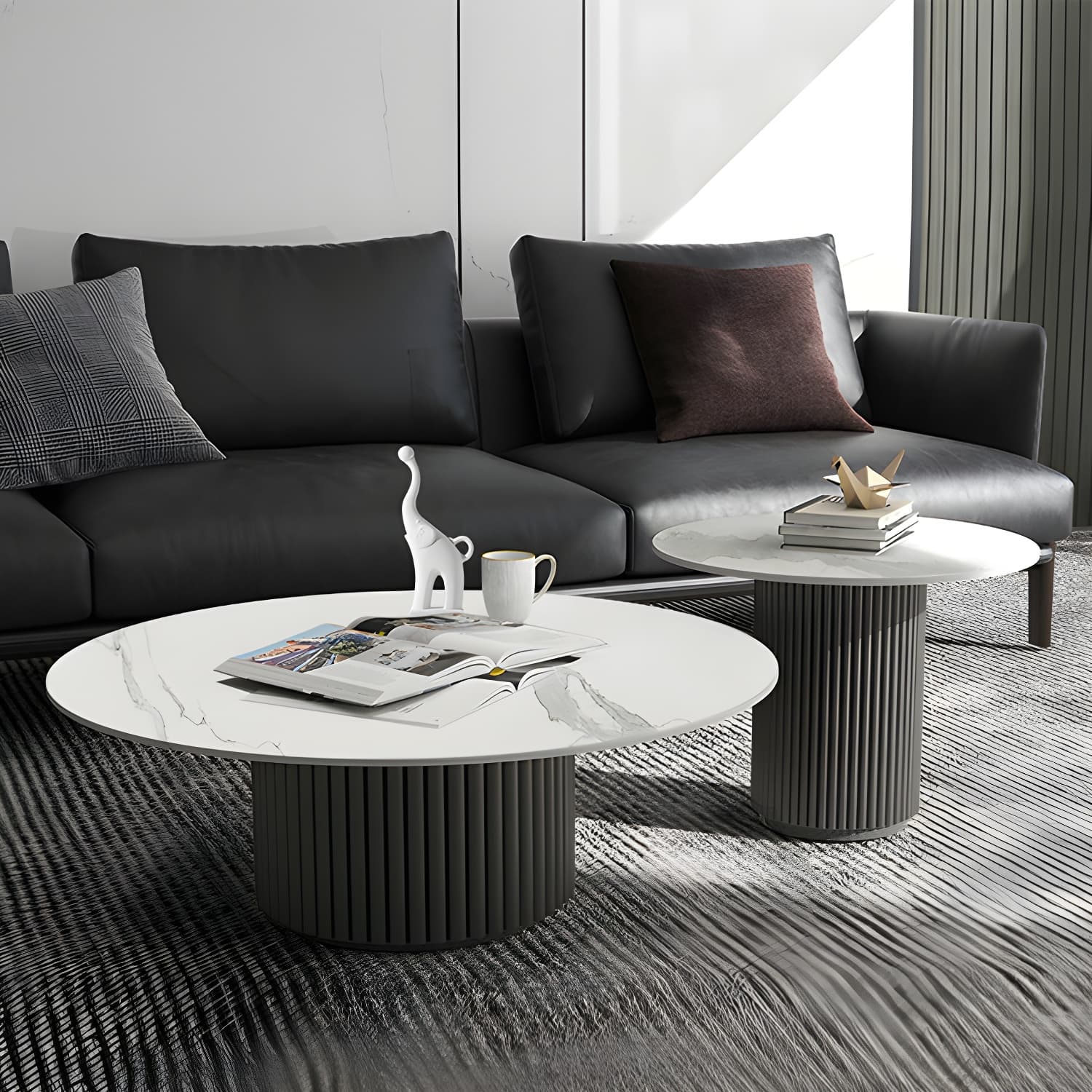 Set of Two Modern Round Black Coffee Tables with White Stone Tops and Iron Pedestal Bases thumbnail 1