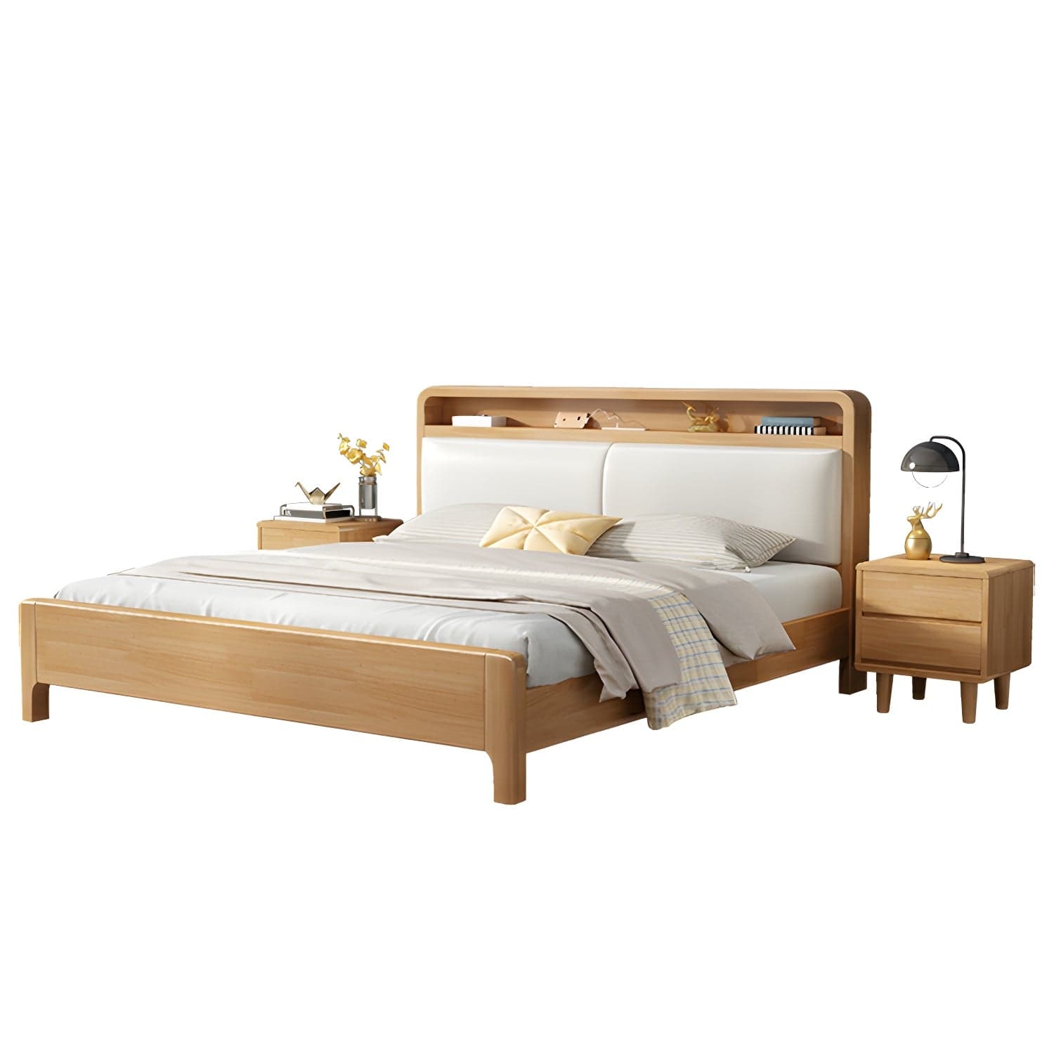 Scandinavian Solid Wood Bed with Four Legs and Upholstered Headboard thumbnail 5