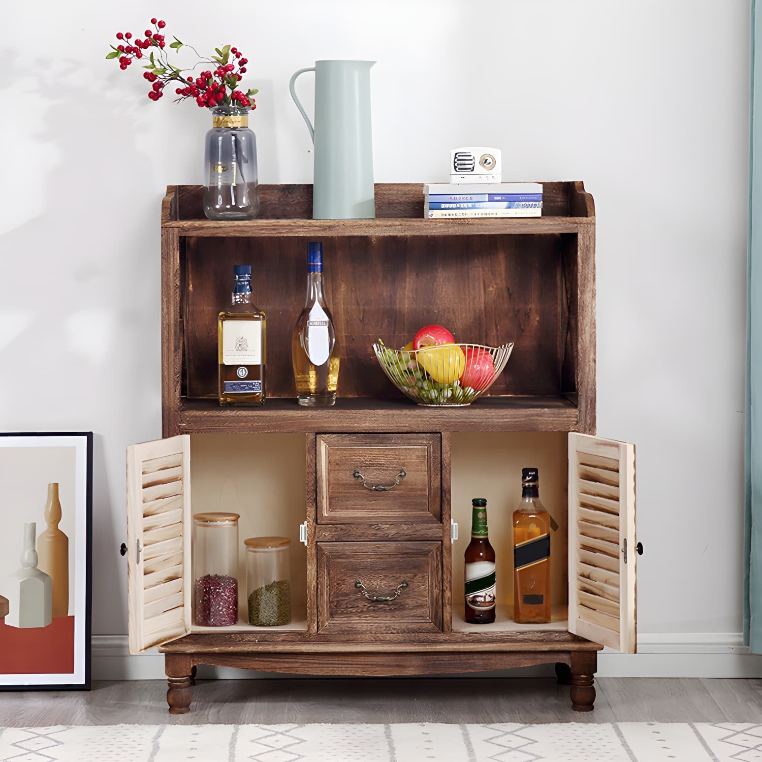 Rustic Farmhouse Wood Server - Compact Sideboard with Drawers and Open Storage thumbnail 8