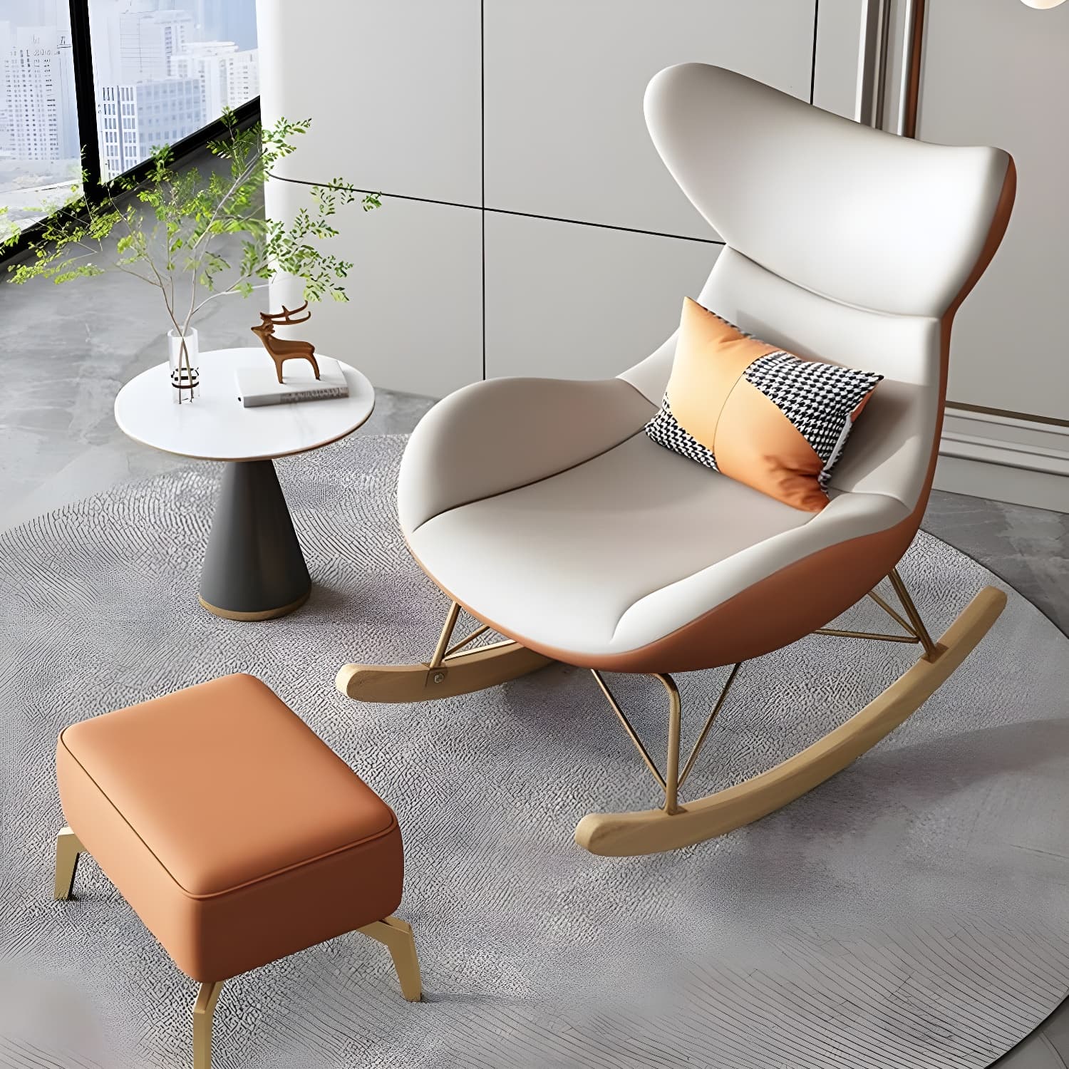 Modern Non-Scratch Armless Indoor Solid Wood Faux Leather Rocking Chair thumbnail 5