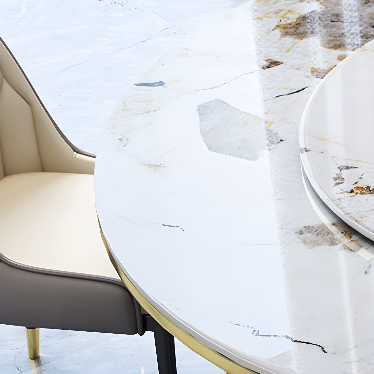 Glam Round Stone Dining Set in White - Fixed Table with Black Metal Pedestal Base thumbnail 7