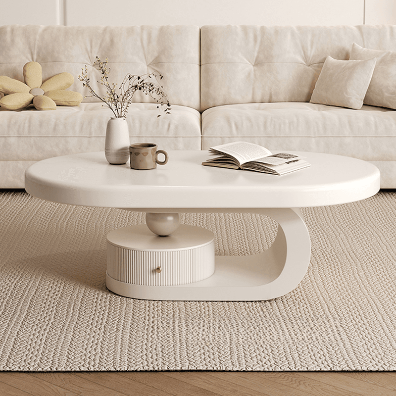 Minimalist Oval Wooden Coffee Table with 1 Shelf and White Top thumbnail 7