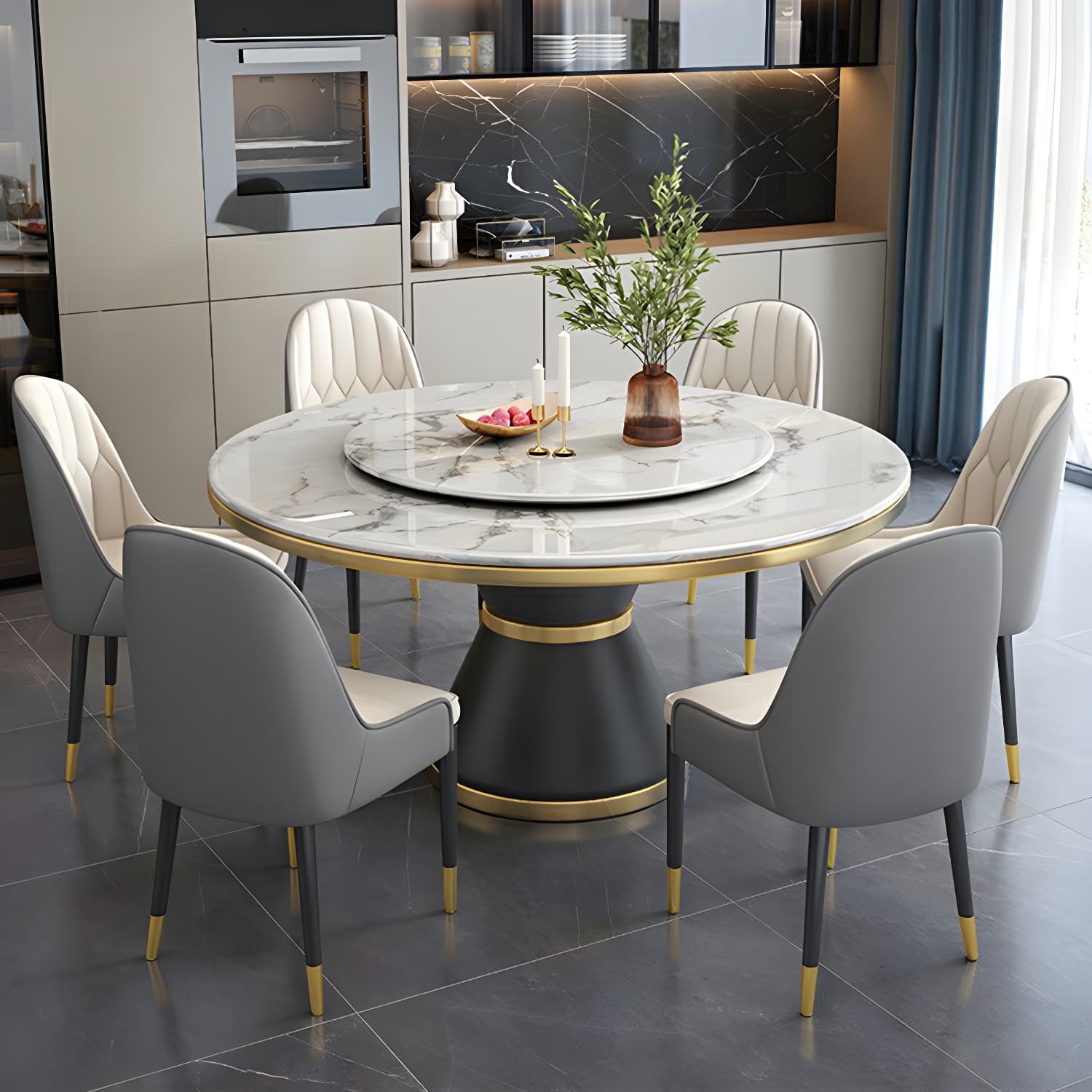Glam Round Marble Dining Set in White with Black Metal Pedestal Base - 1/5/7 Piece Set thumbnail 2