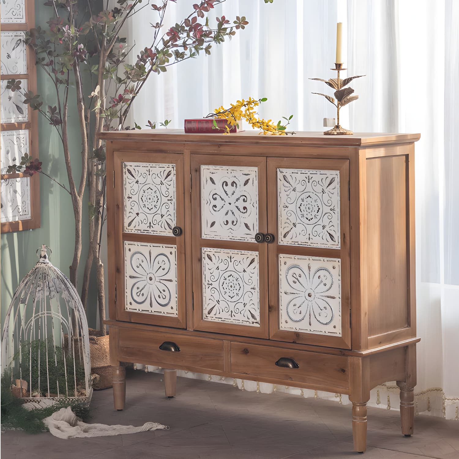 Industrial Accent Cabinet in Natural with Solid Wood Door and Drawers thumbnail 12