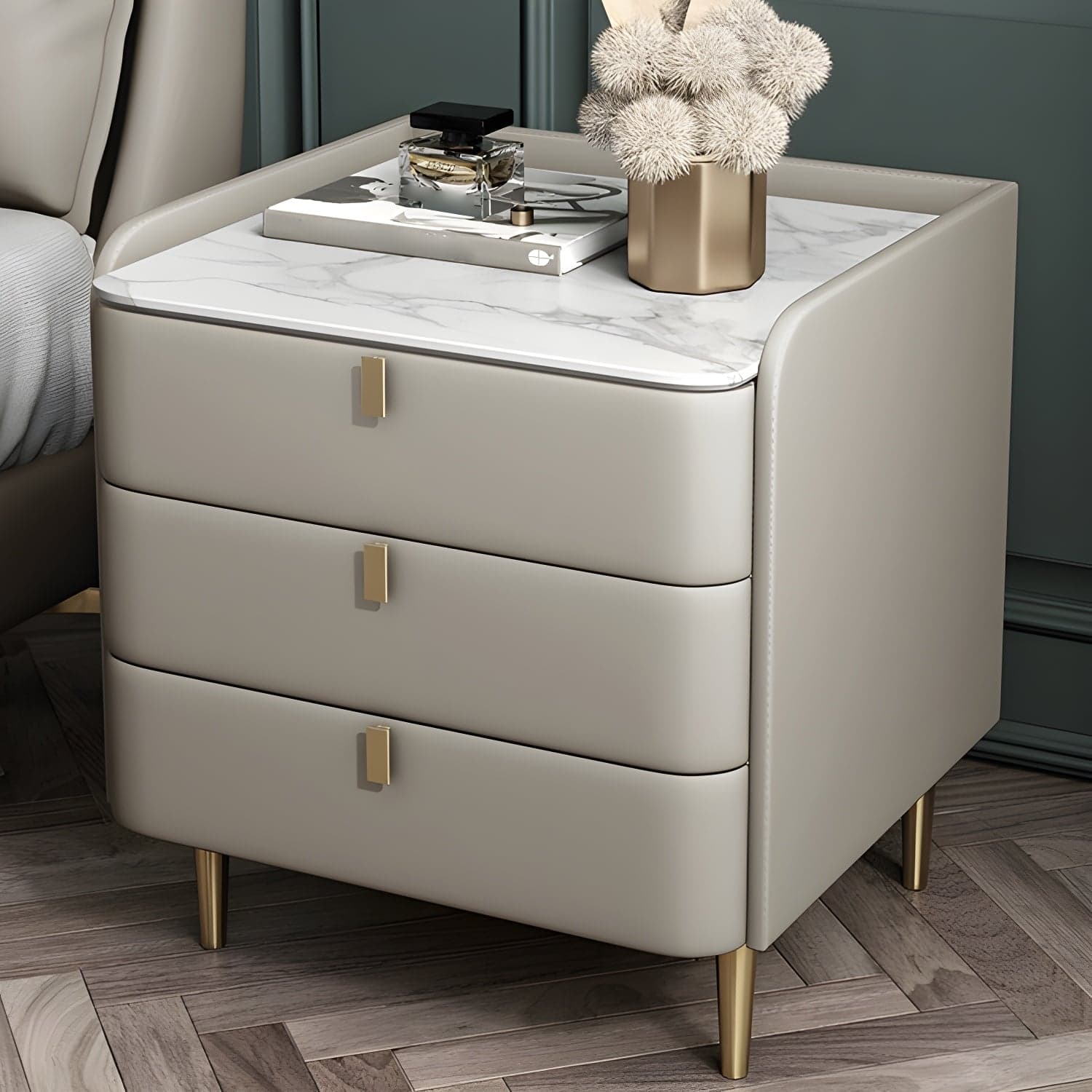 Stone Top Nightstand 3-drawer Leather Night Table with 4 Legs thumbnail 6