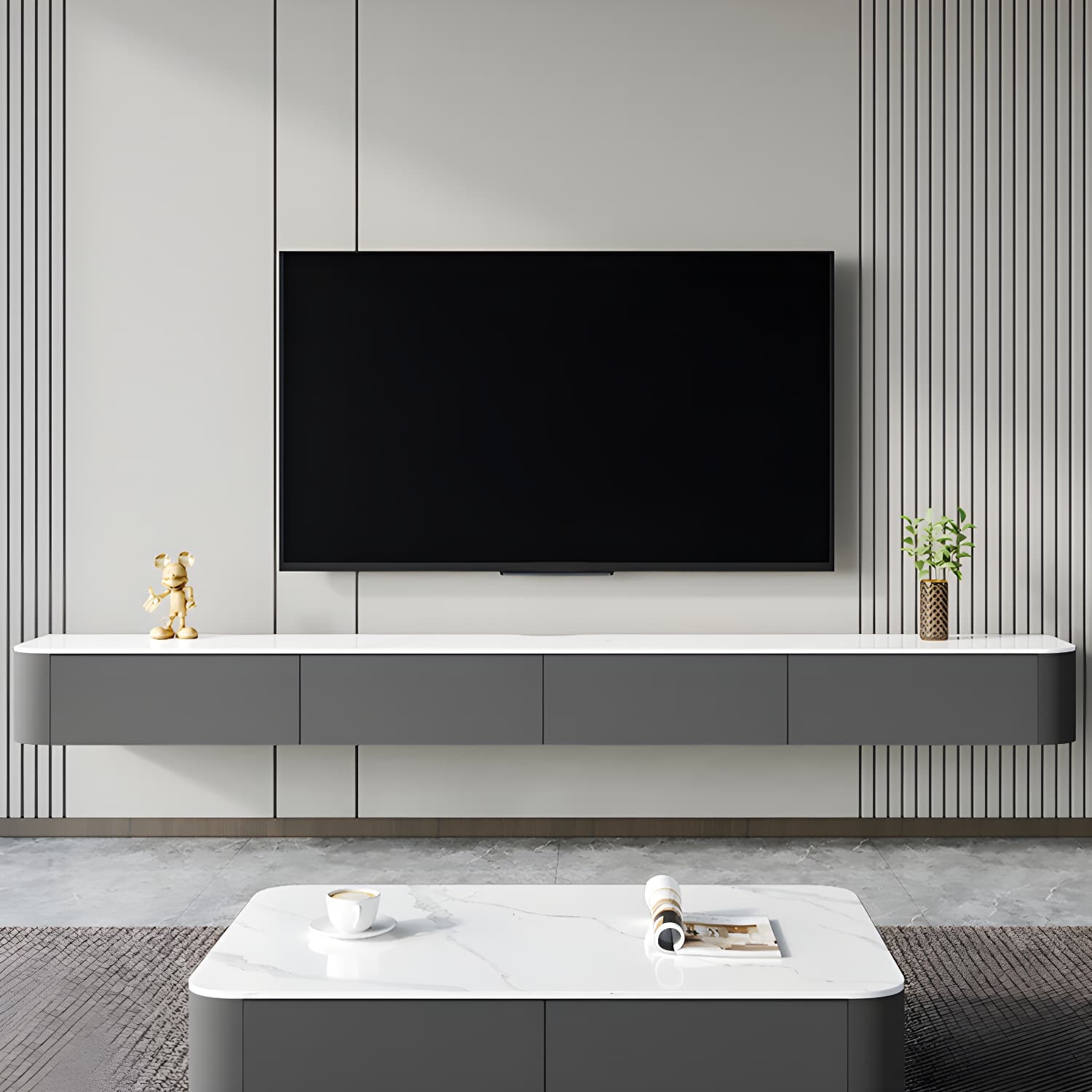 Contemporary Wall-mounted TV Media Stand Wood Frame Slate Top with Storage thumbnail 2