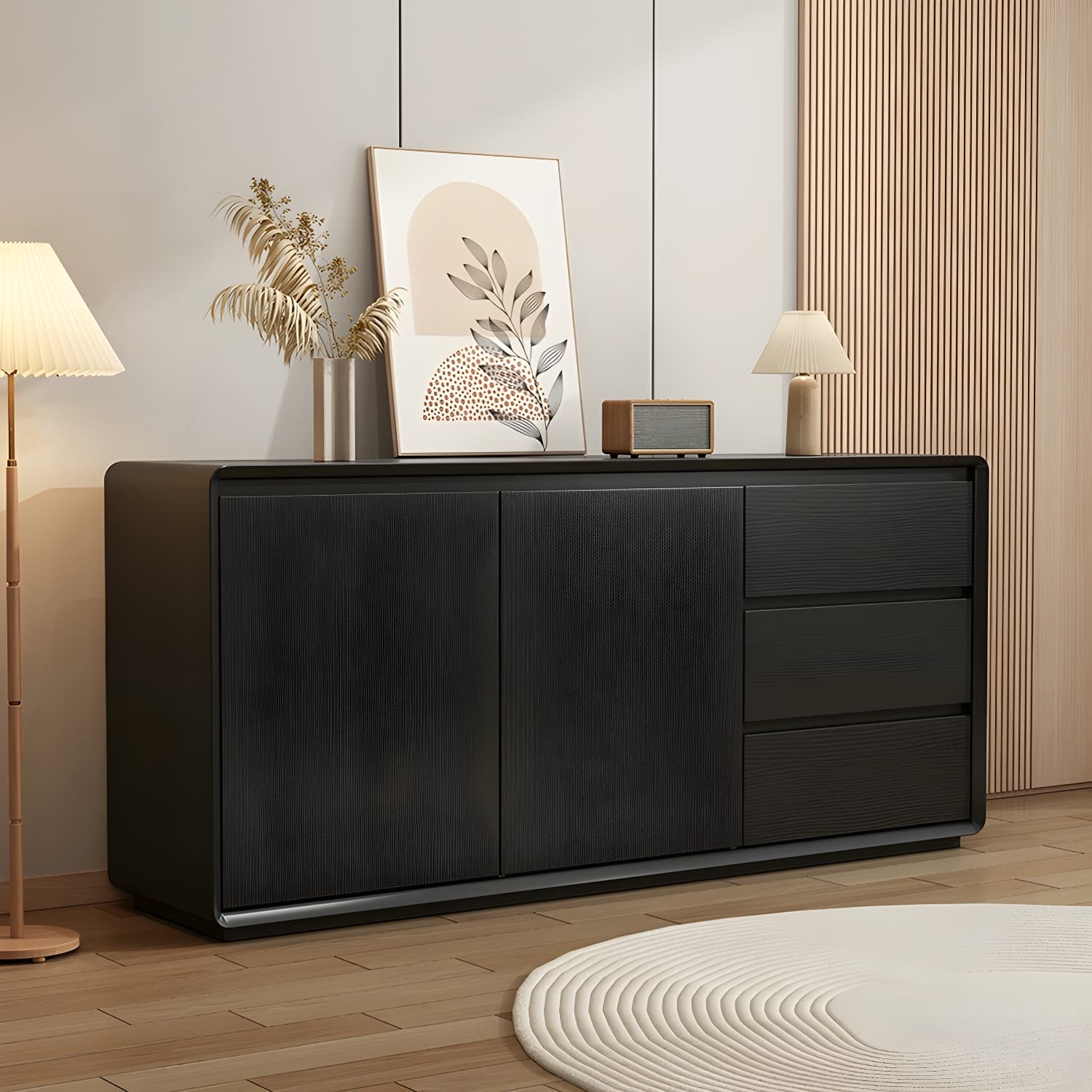 Wooden Modern Sideboard Credenza with 3 Drawers and 2 Cabinets for Storage