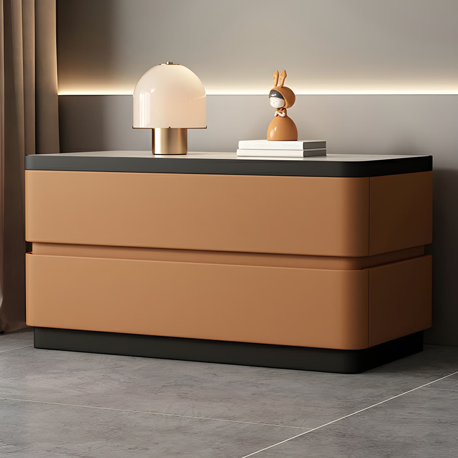 Modern Faux Leather Nightstand with 2 Drawers and Stone Countertop for Bedroom thumbnail 8