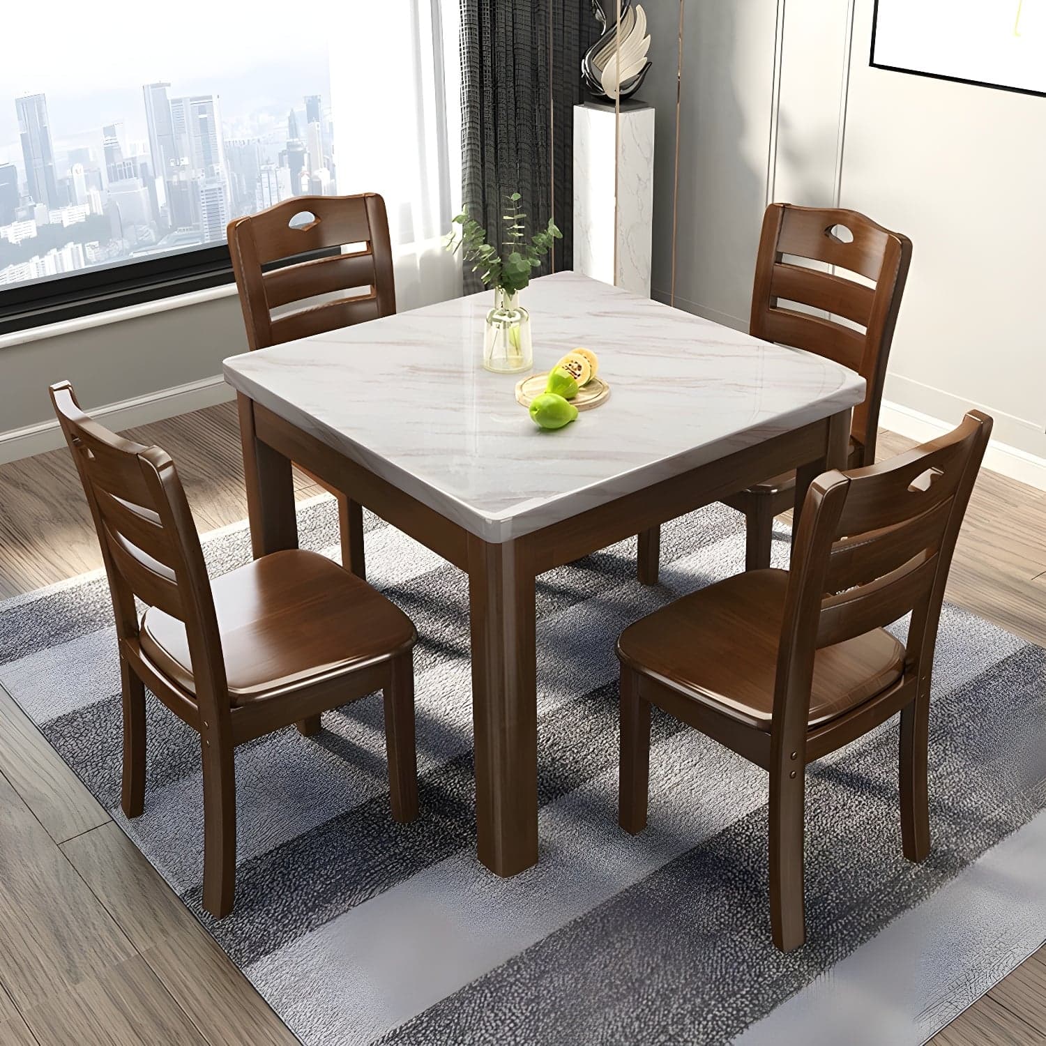 Square Marble Dining Table Set 1/5 Pieces with Solid Wood Base for Kitchen thumbnail 2