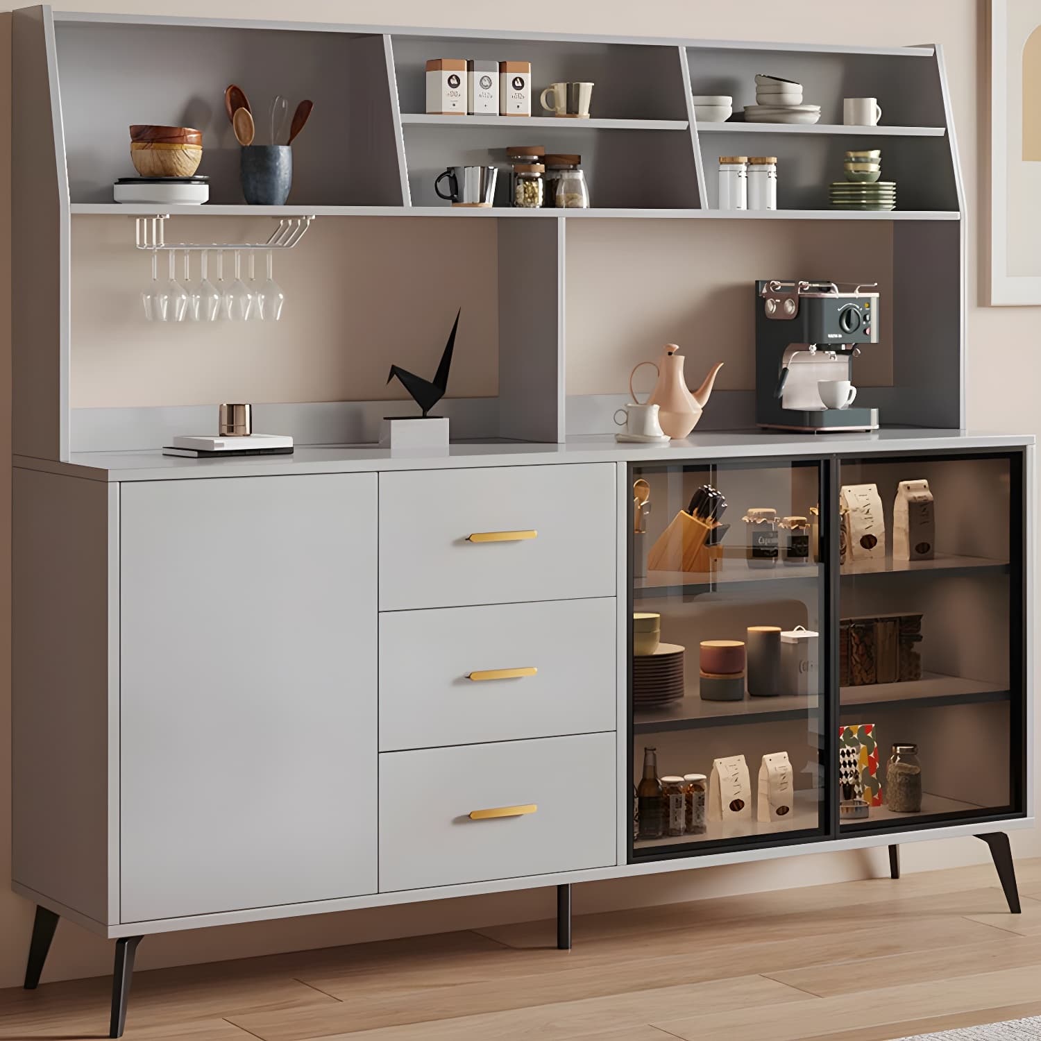 Glass Door Modern Wooden Kitchen Sideboard with Adjustable Shelving thumbnail 15