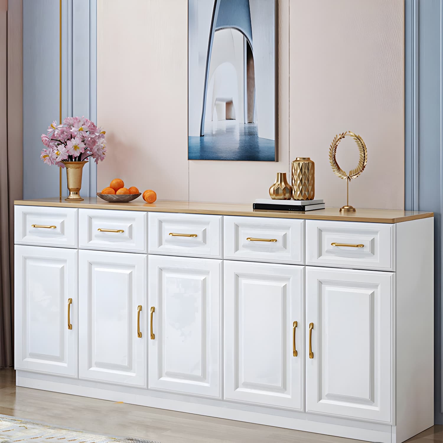 Modern Wood Buffet Sideboard with Cabinets, Drawers, and Shelves - No Distressing thumbnail 7