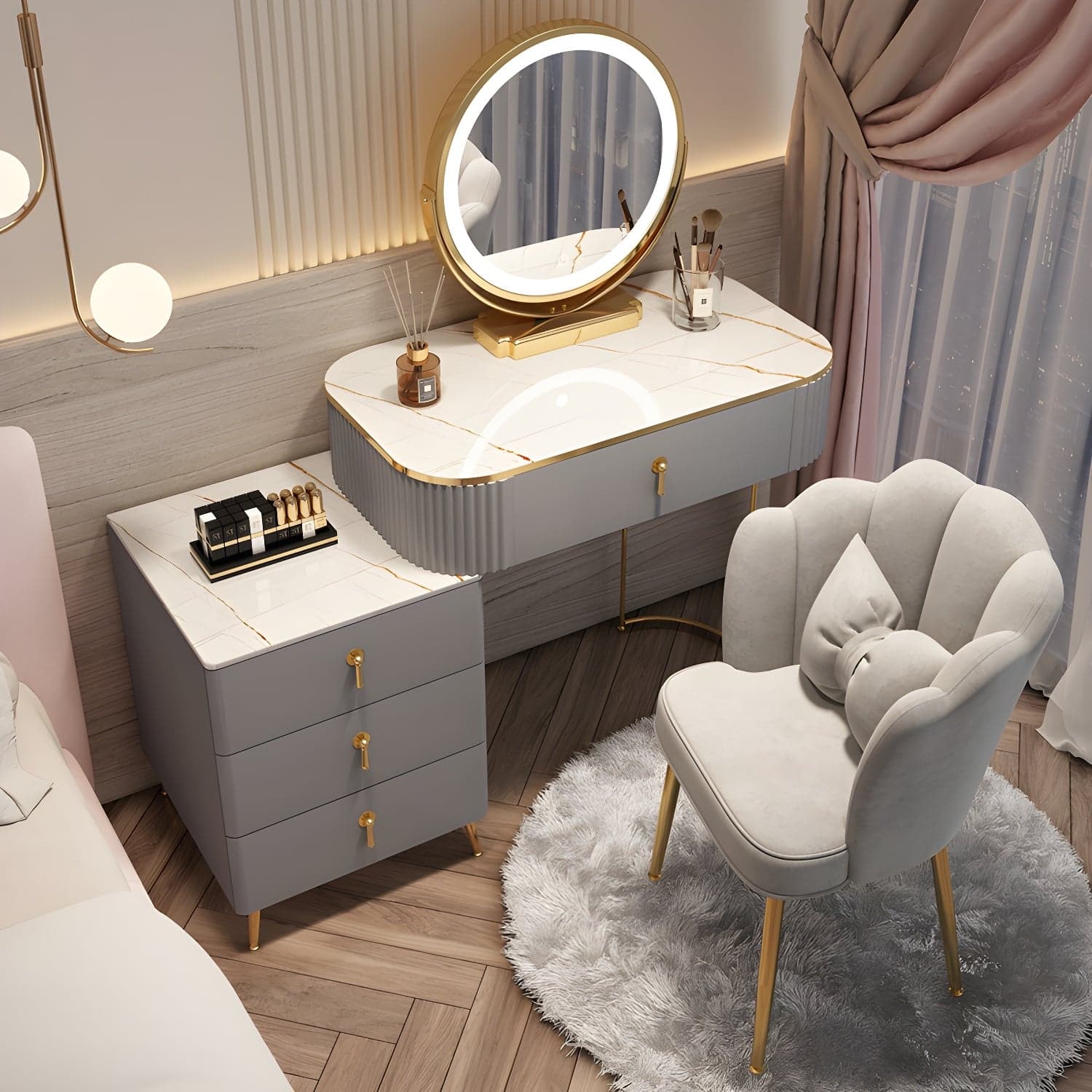 Contemporary Mirrored Wood Top Makeup Vanity Desk White/Gray Dressing Table thumbnail 2