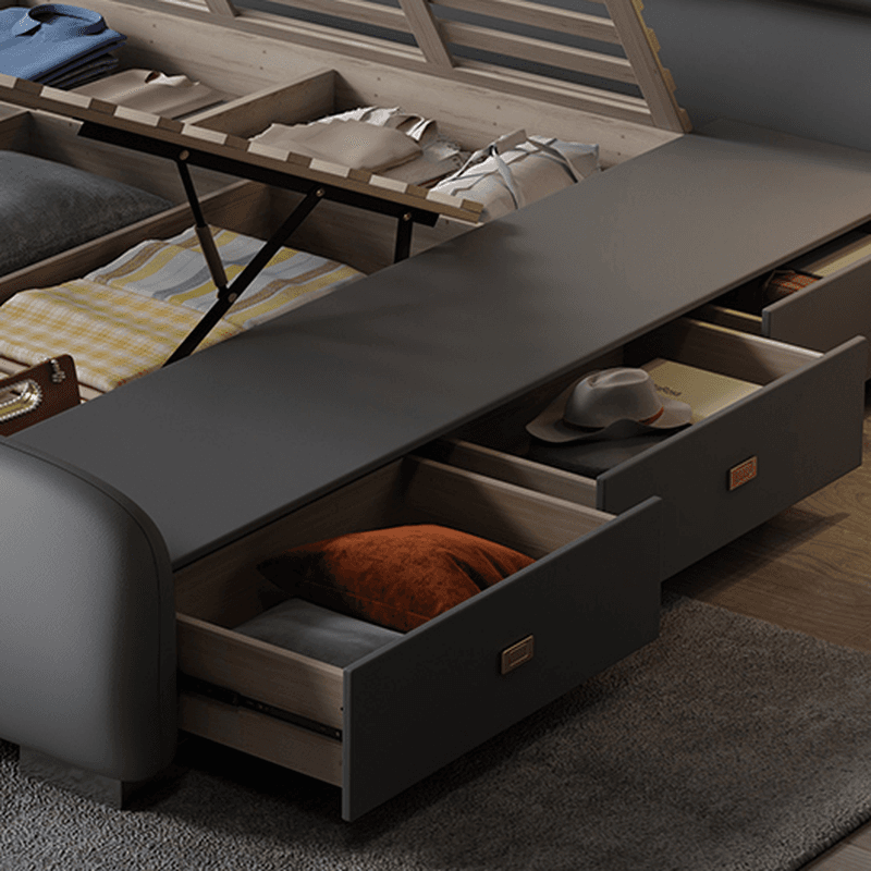 Light Gray Storage Included/Panel Bed with 3 Storage Boxes, Natural Wood Frame, Sponge Upholstery, and Lighted Headboard thumbnail 3