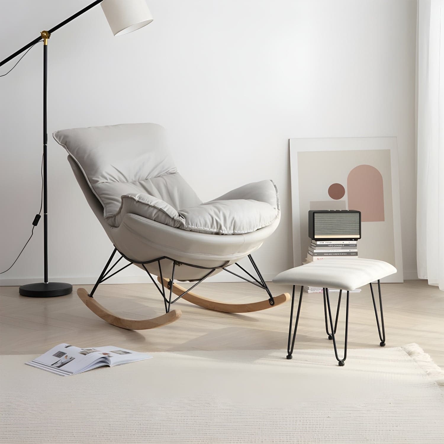 Modern Rocking Chair with Ottomans - Metal Frame, Removable Cushions, and Armless Design thumbnail 3