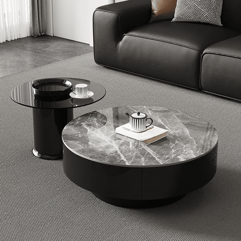 Elegant 1-Tier Circular-shaped Slate Side Table with Drum Base and Midnight Black Top, Includes 2 Drawers/1 Drawer thumbnail 5
