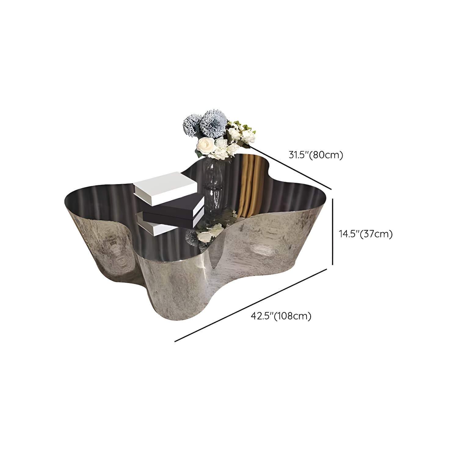 Silver Modern Coffee Table with Free Form Metal Top and Abstract Stainless Steel Base thumbnail 21