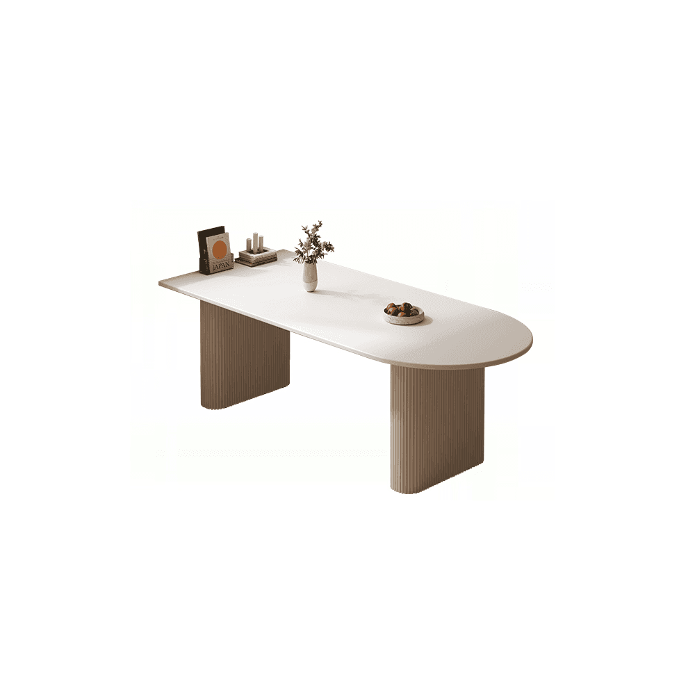 Minimalist Dining Table Set with White Slate Top and Two-sided Pedestal Base, Featuring a Fixed Table thumbnail 2