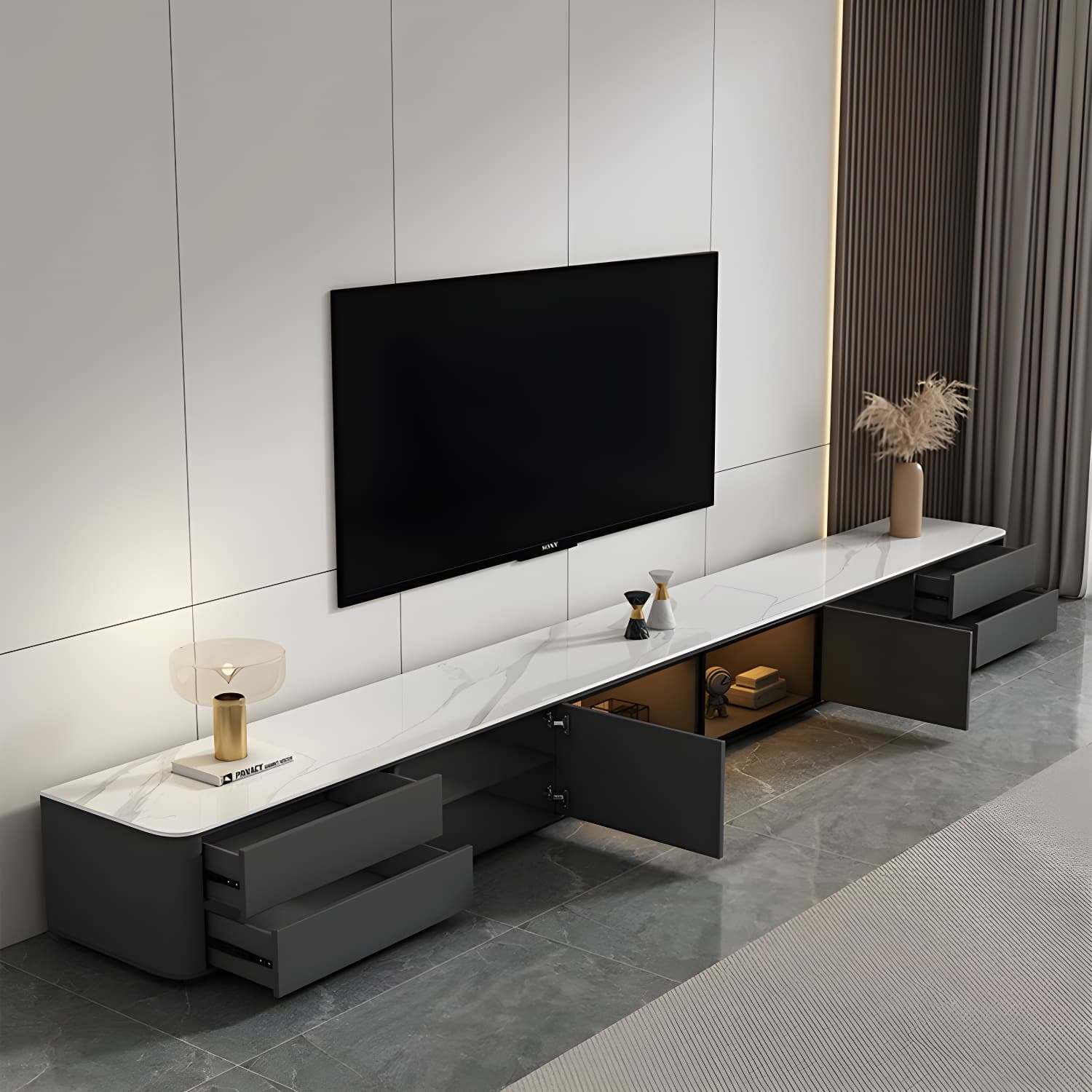 Grey Stone TV Stand with Drawers and Cabinet and No Cable Management for Modern-Style Long TVs thumbnail 4