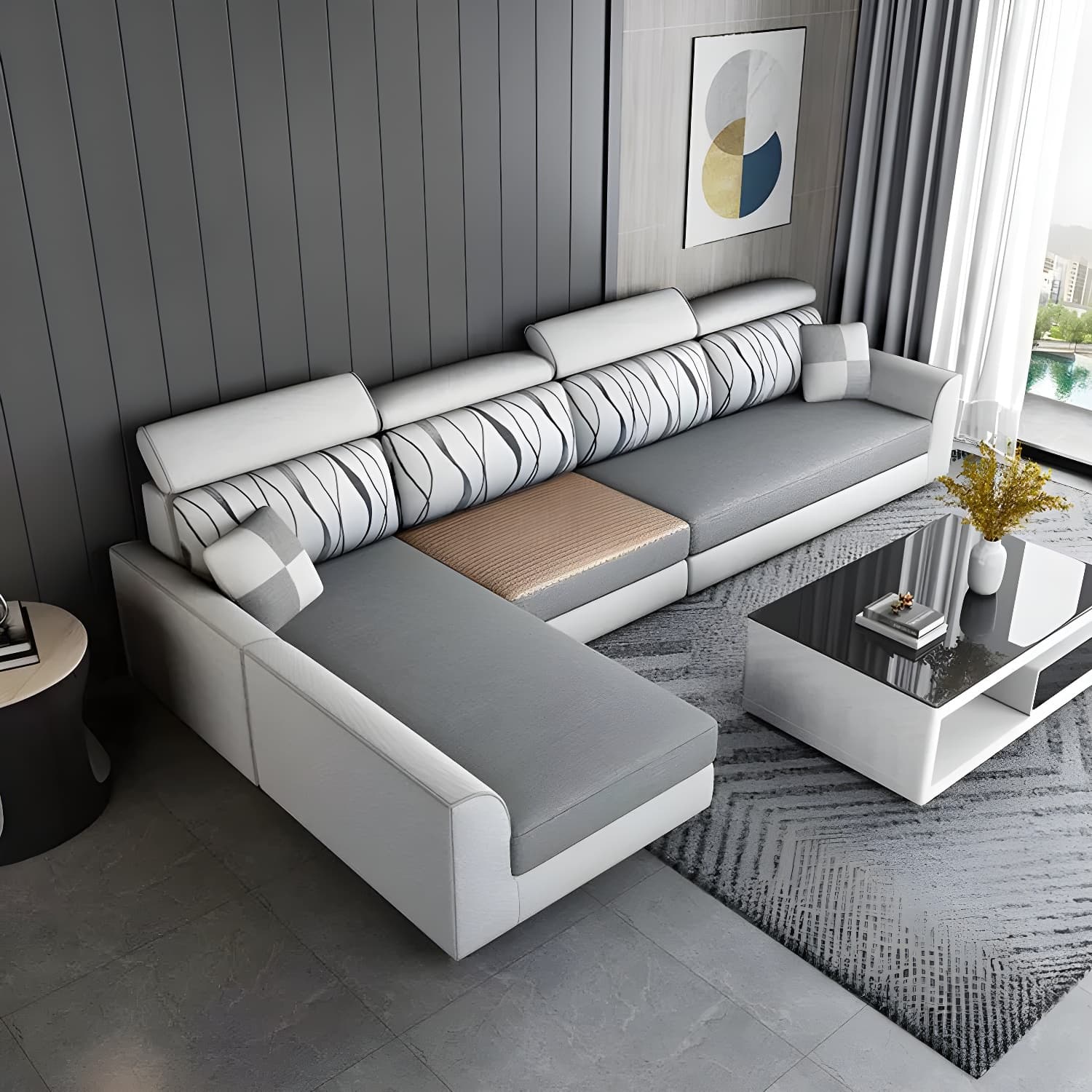 Modern L-Shape Reversible Wood Frame Sectional Sofa Chaise Set thumbnail 8