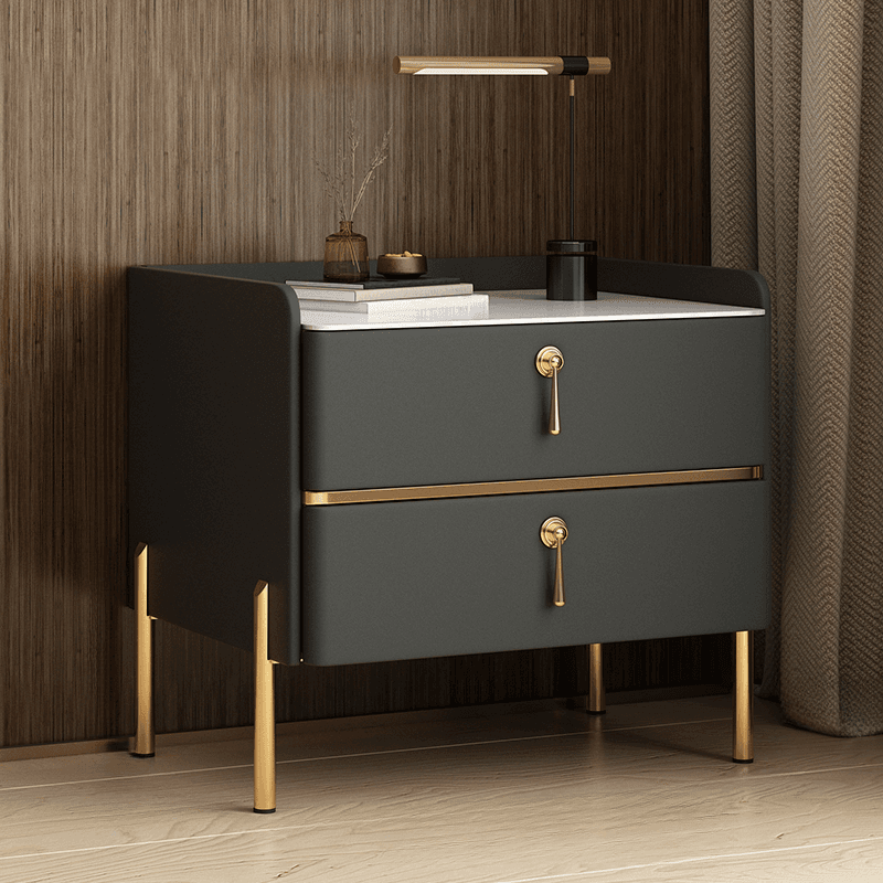 Stylish/Art Deco Drawer Storage Nightstand with 2 Drawers, Stone Countertop, and Leg thumbnail 1